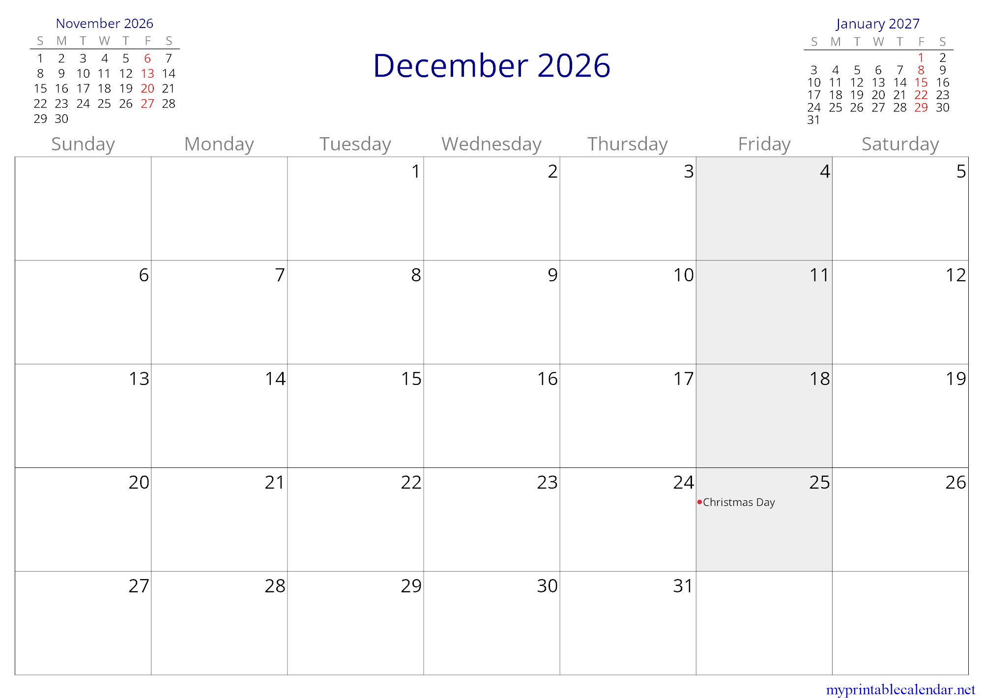 December 2026 monthly calendar, Sudan, English jpg