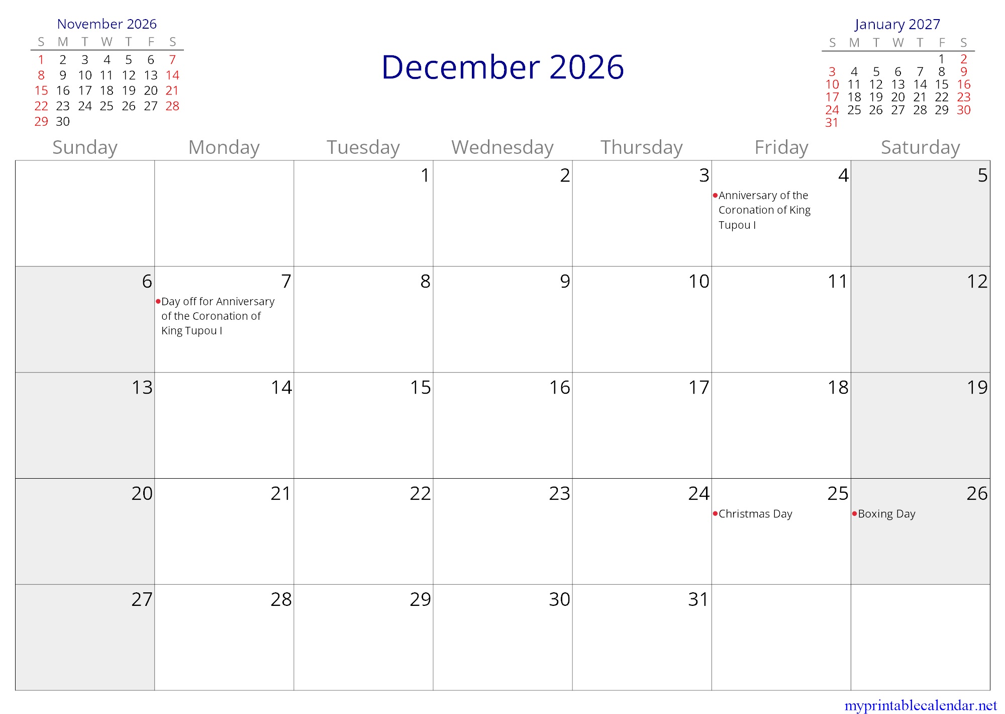 December 2026 monthly calendar, Tonga, English jpg