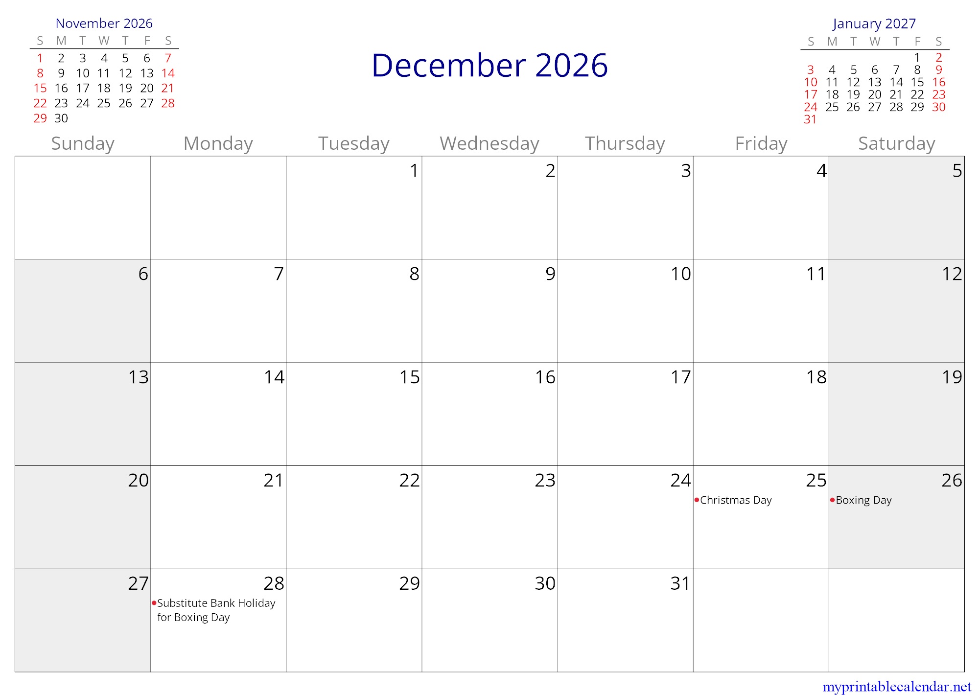 December 2026 monthly calendar, United Kingdom, English jpg