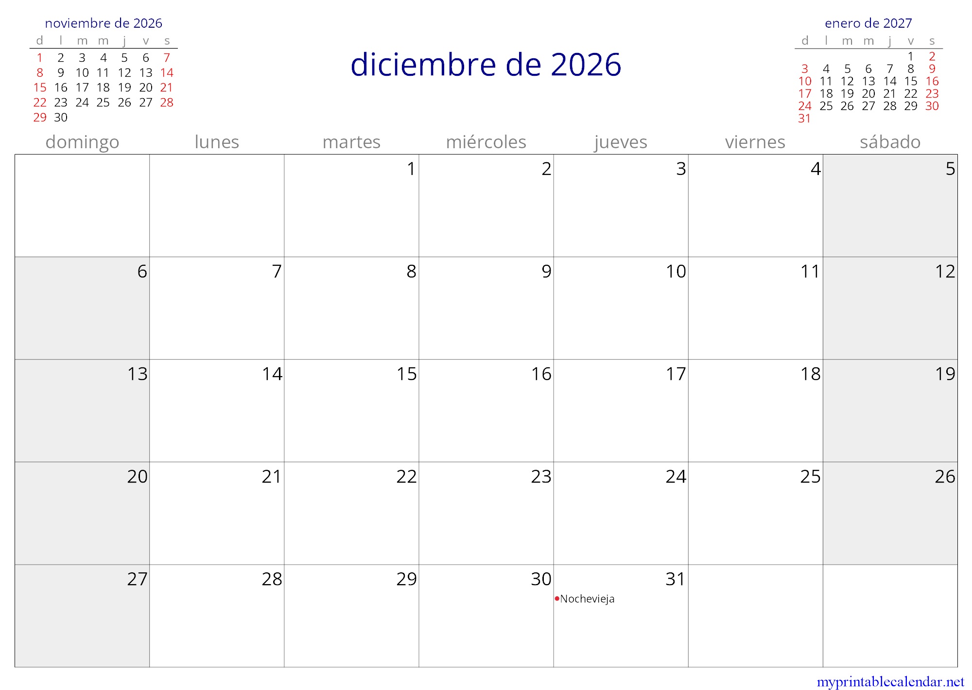 diciembre de 2026 monthly calendar, Venezuela, Spanish jpg