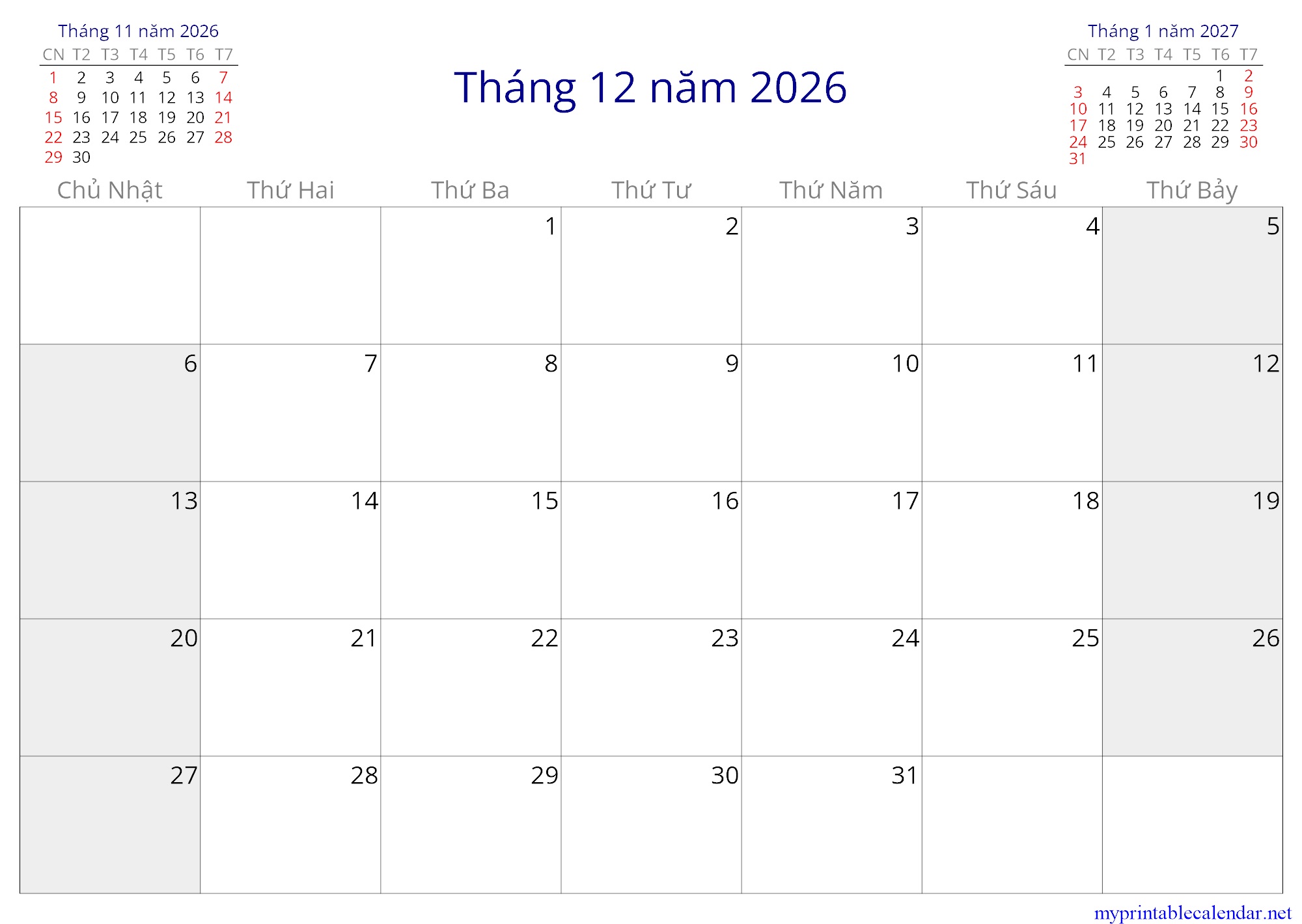 Tháng 12 năm 2026 monthly calendar, Vietnam, Vietnamese jpg