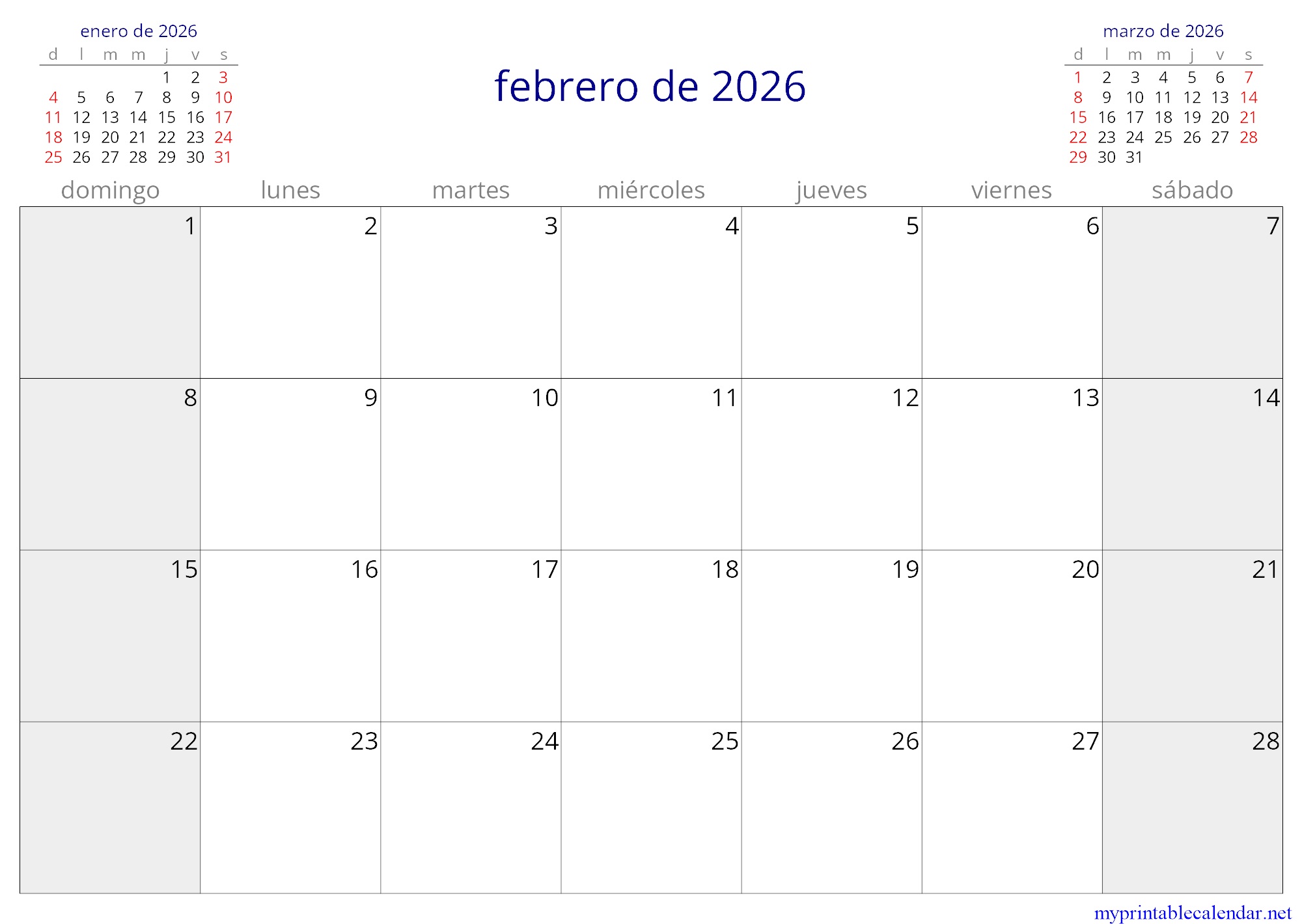 febrero de 2026 monthly calendar, Montenegro, Spanish jpg