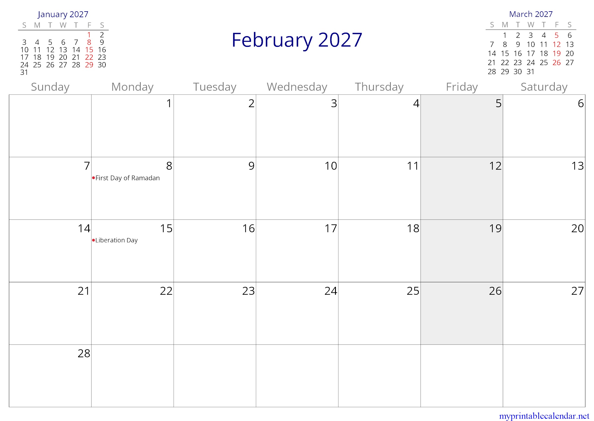 February 2027 monthly calendar, Afghanistan, English jpg