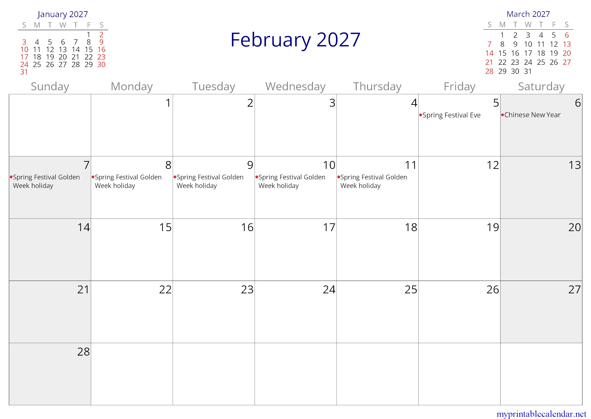 February 2027 monthly calendar, China, English jpg