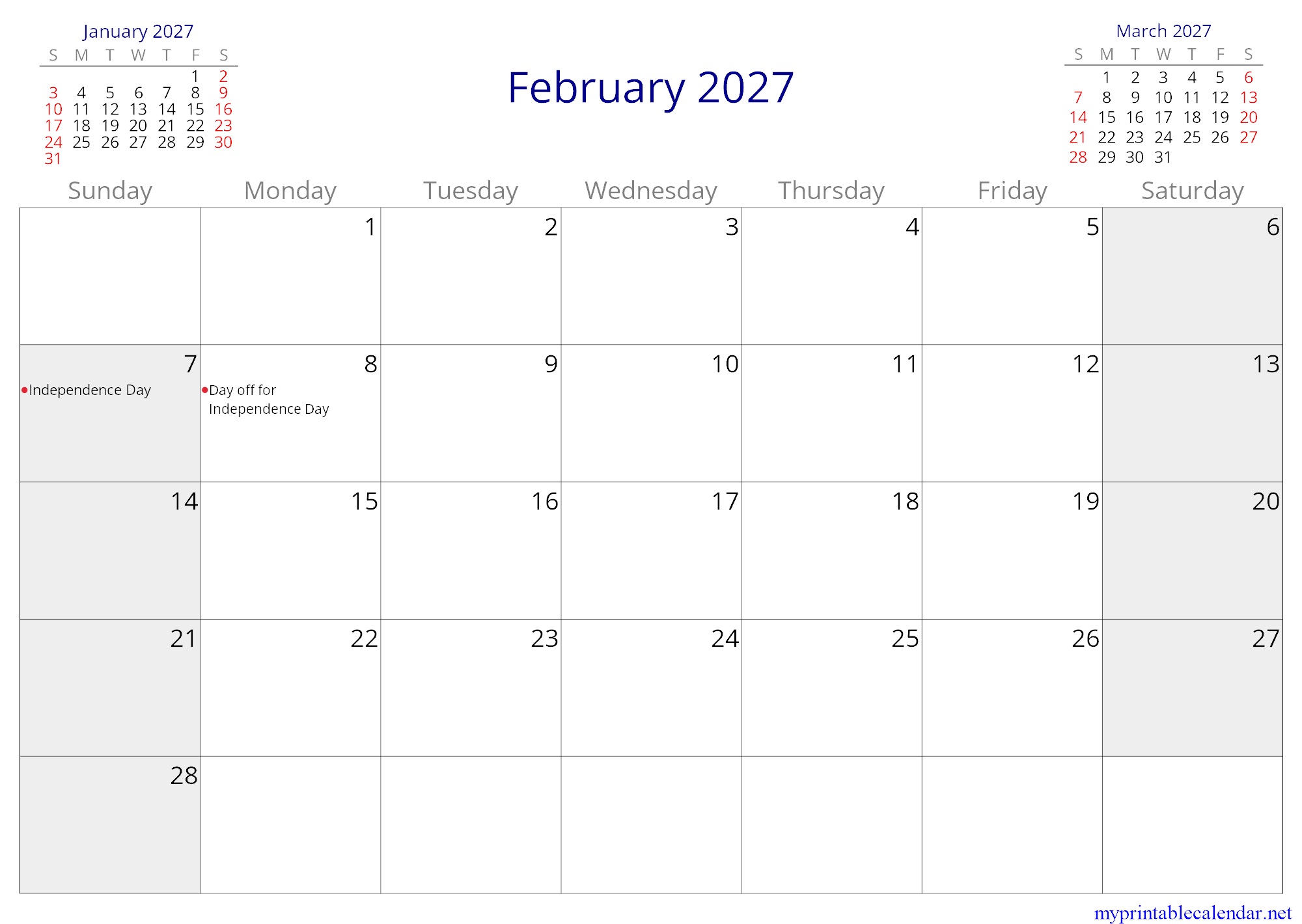 February 2027 monthly calendar, Grenada, English jpg