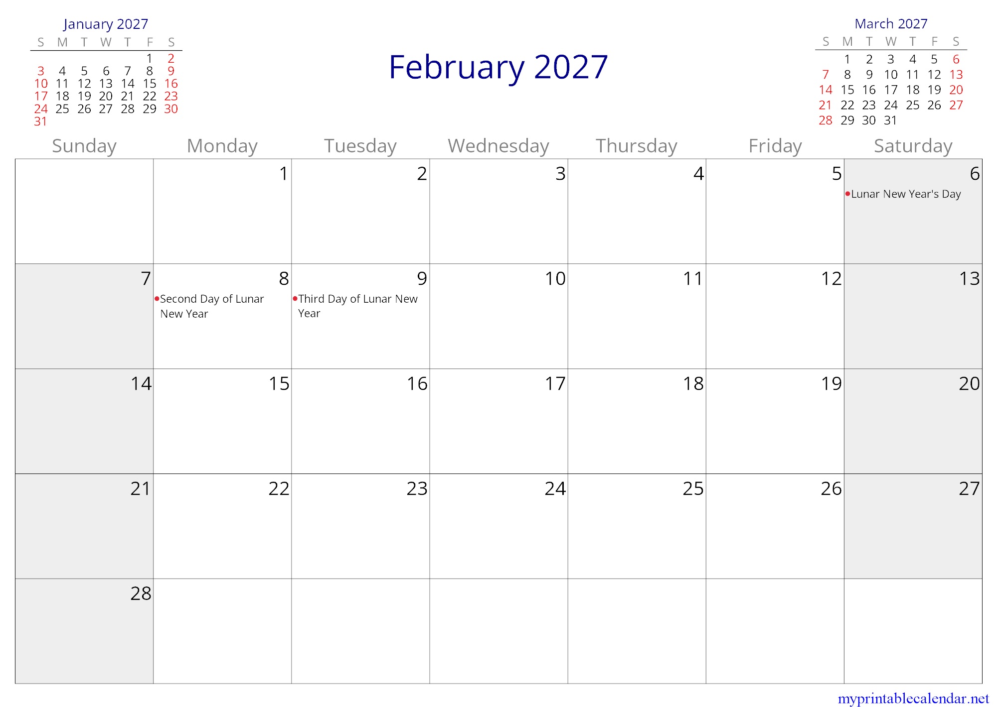 February 2027 monthly calendar, Hong Kong, English jpg