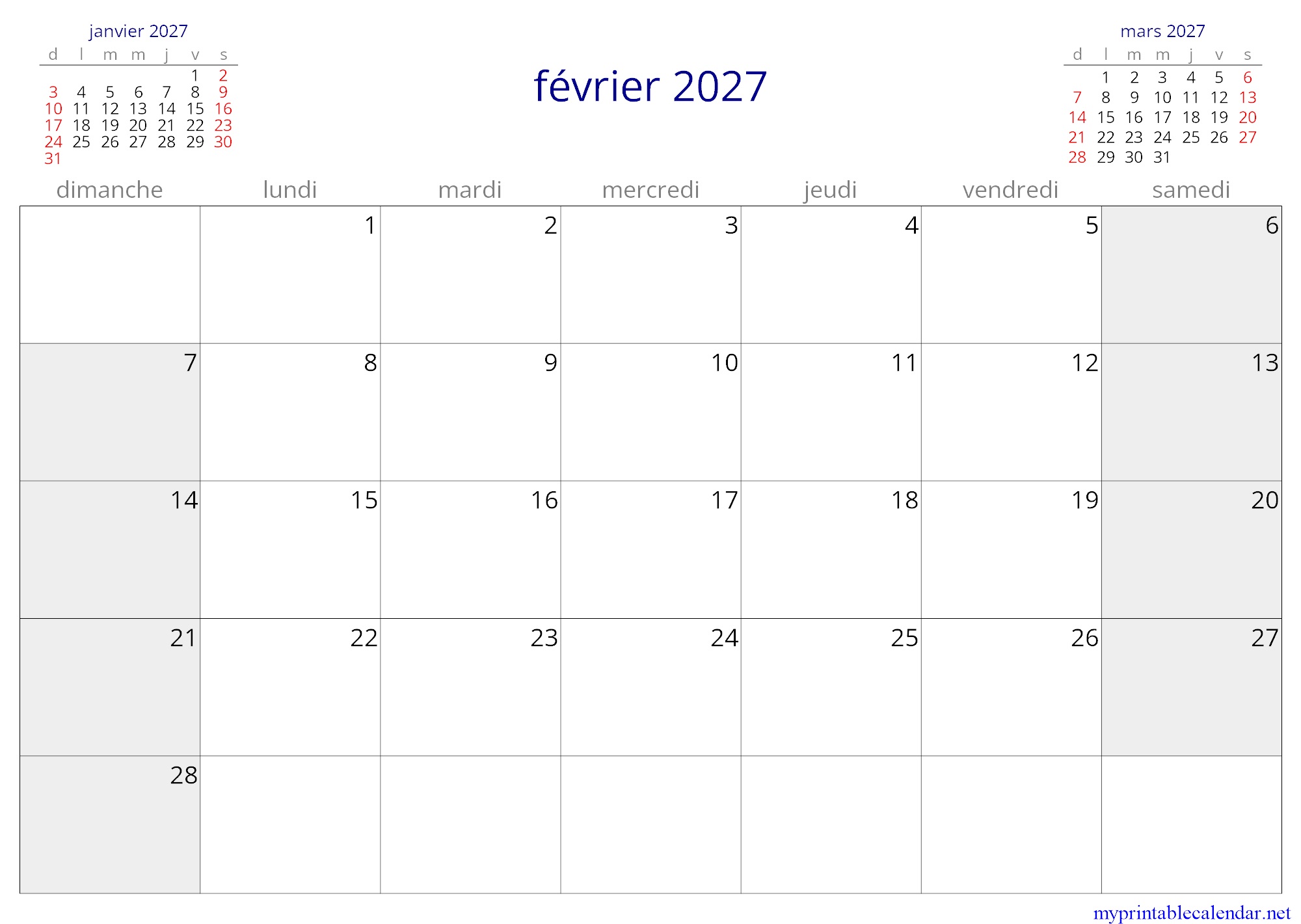 février 2027 monthly calendar, Ivory Coast, French jpg
