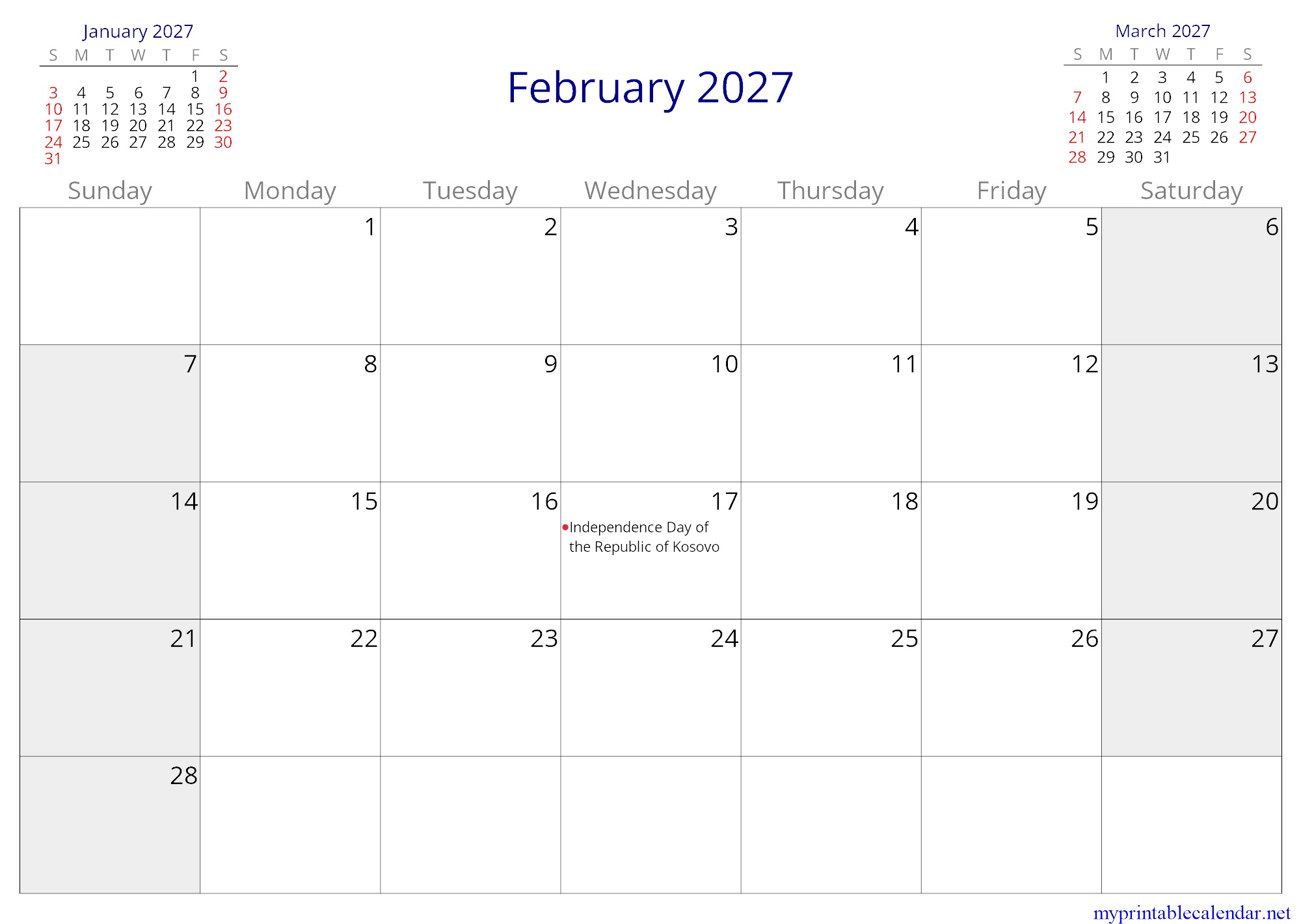 February 2027 monthly calendar, Kosovo, in English jpg
