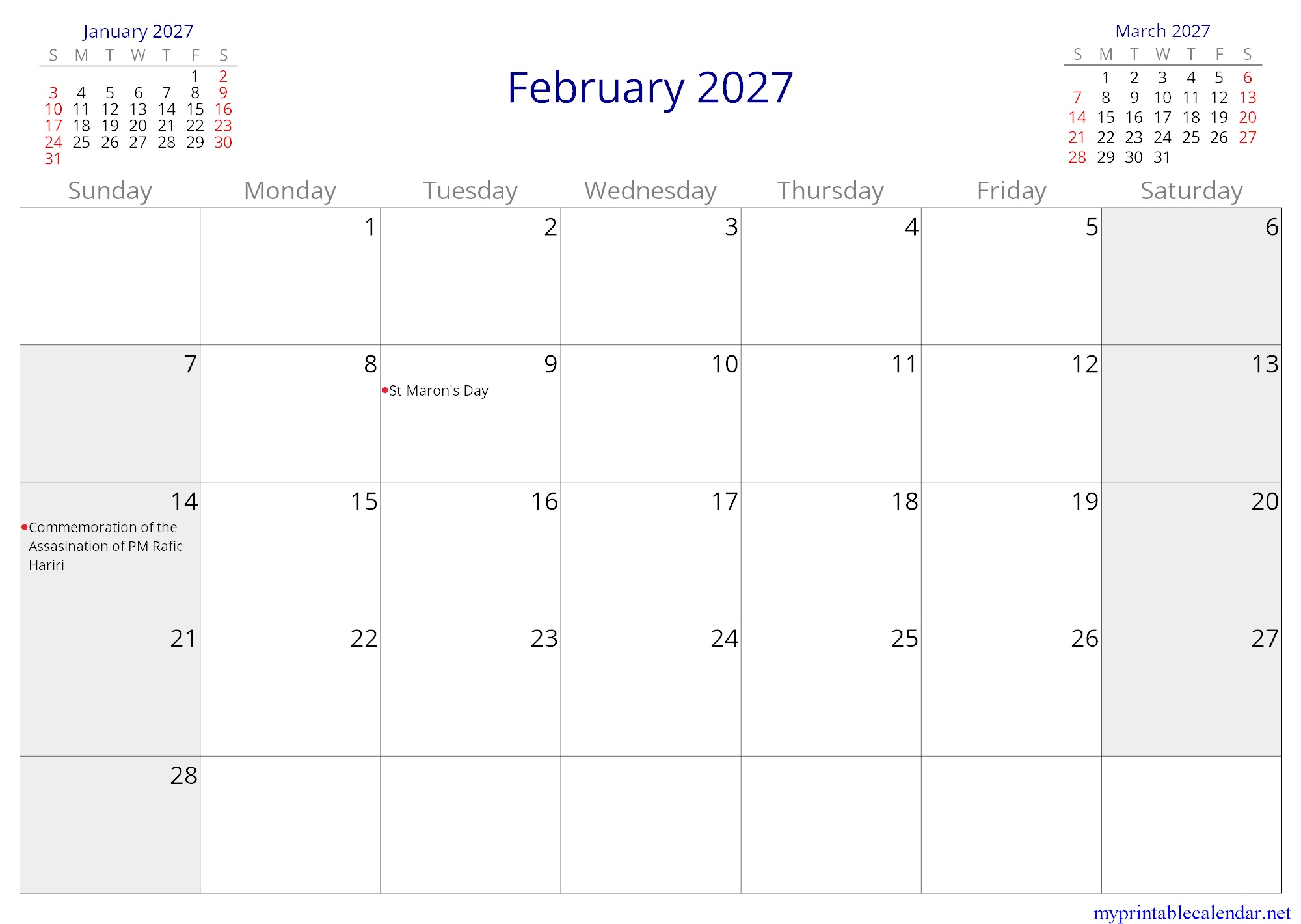 February 2027 monthly calendar, Lebanon, in English jpg