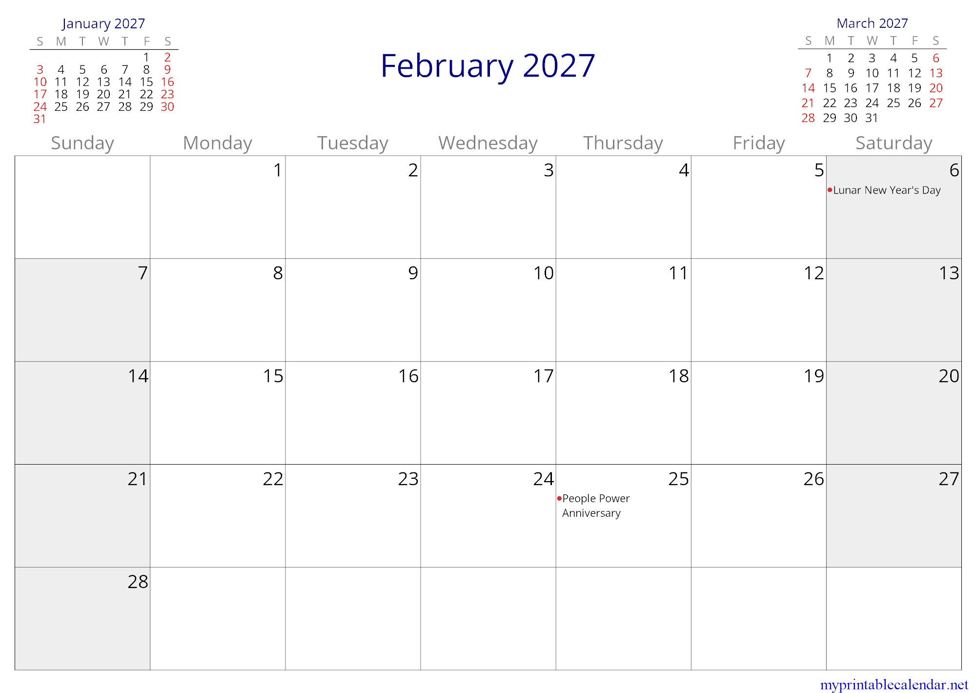 February 2027 monthly calendar, Philippines, English (US, CA) jpg