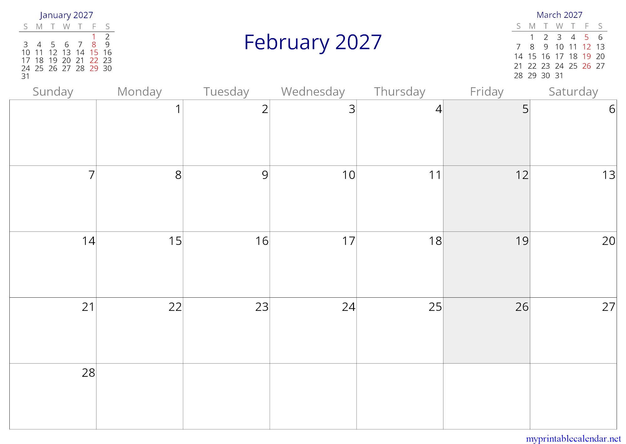 February 2027 monthly calendar, Somalia, in English jpg