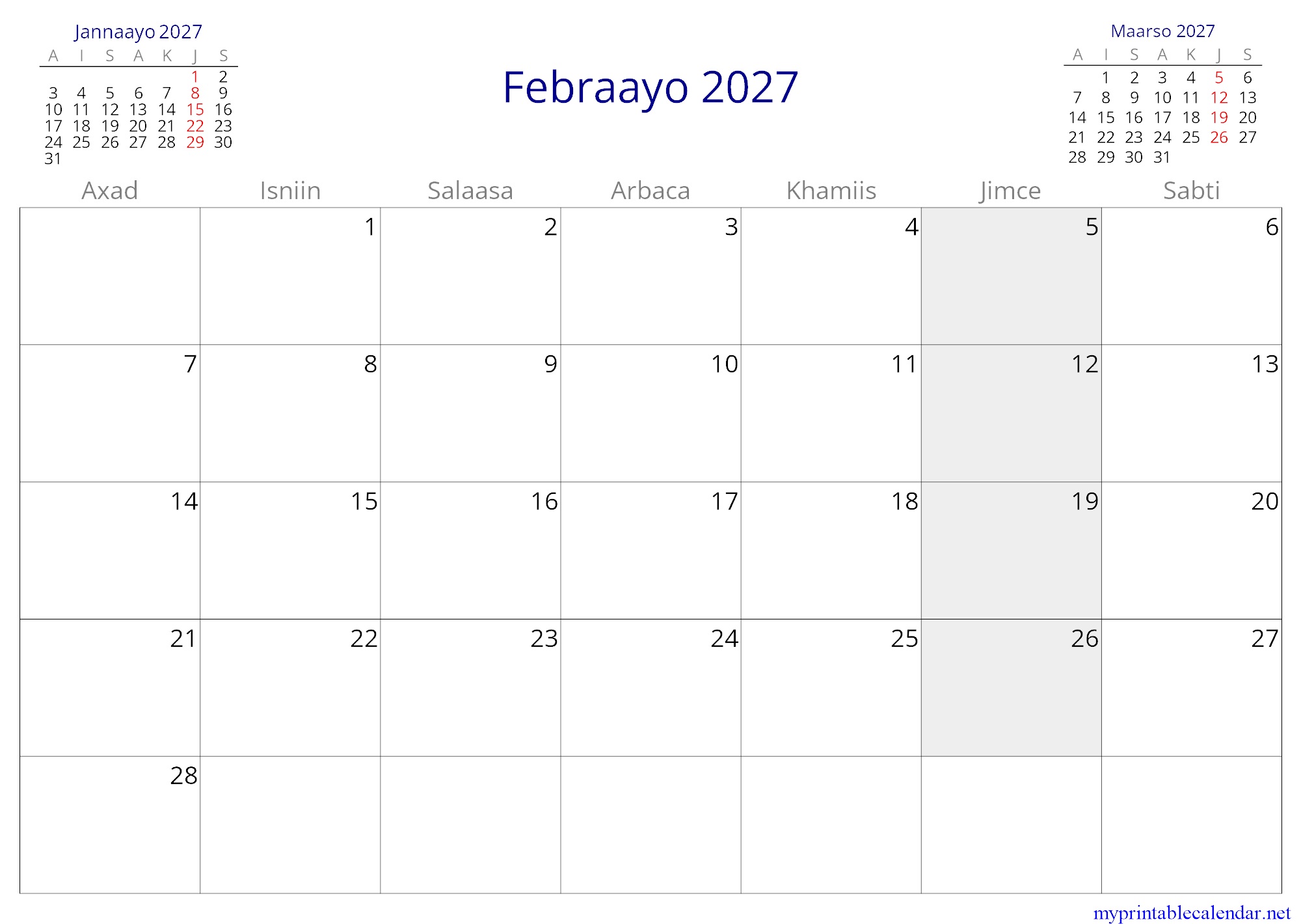 Febraayo 2027 monthly calendar, Somalia, Somali jpg