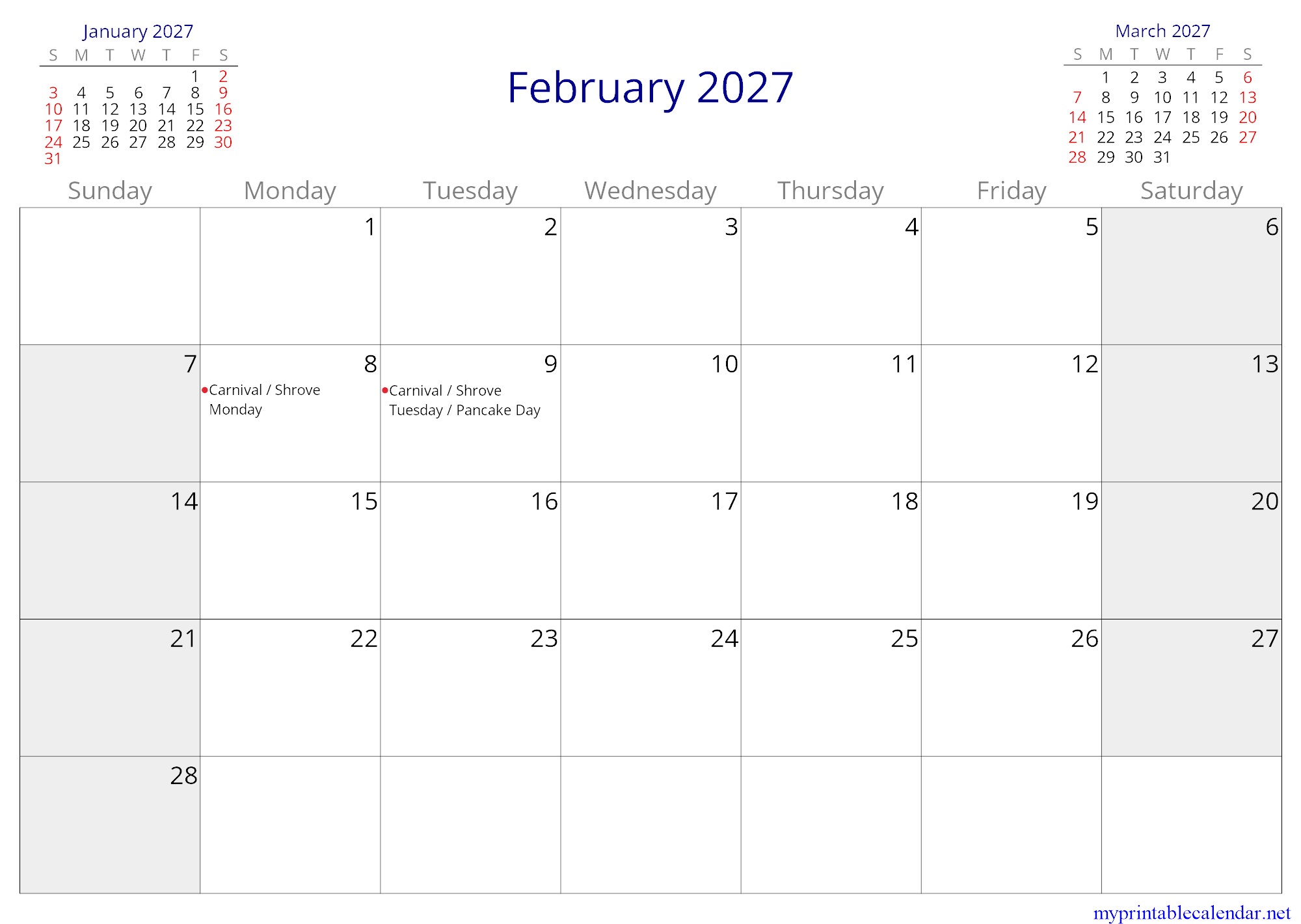 February 2027 monthly calendar, Venezuela, in English jpg