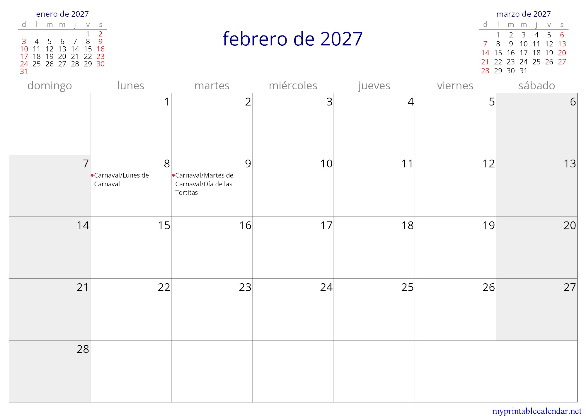 febrero de 2027 monthly calendar, Venezuela, Spanish jpg