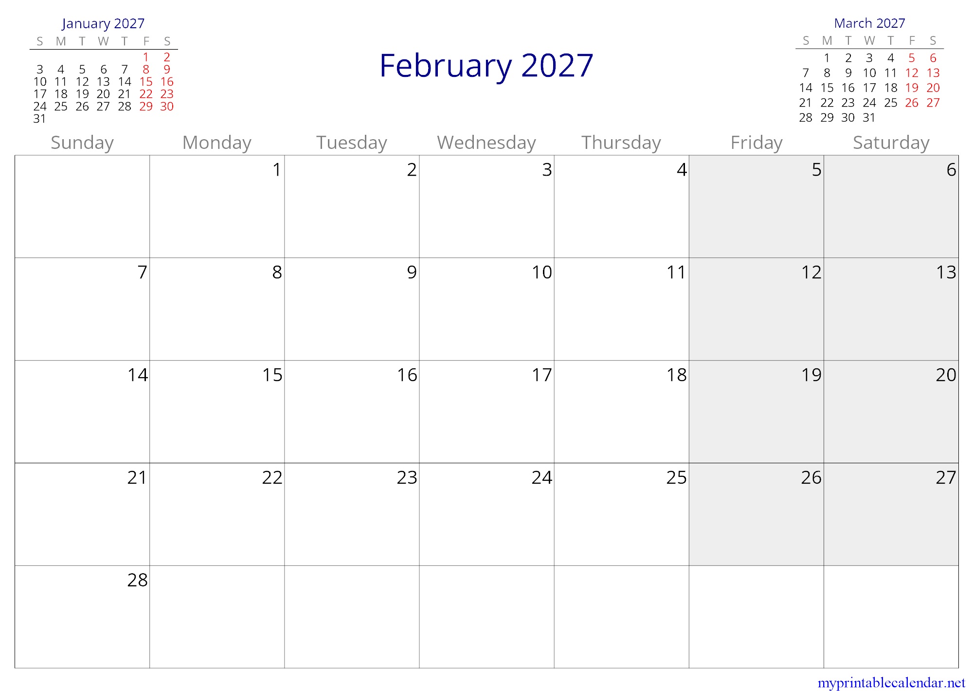 February 2027 monthly calendar, Yemen, in English jpg