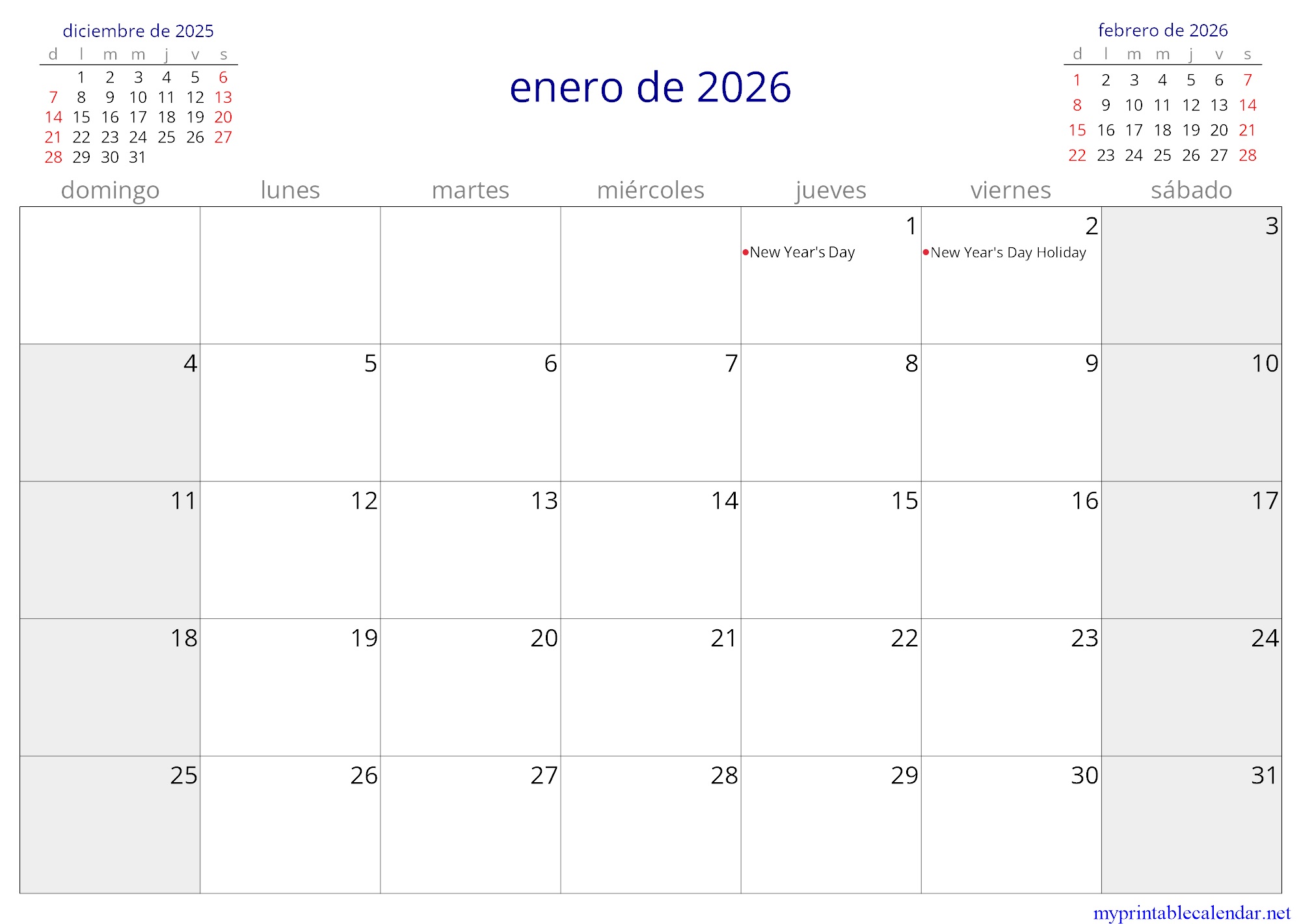 enero de 2026 monthly calendar, Montenegro, Spanish jpg