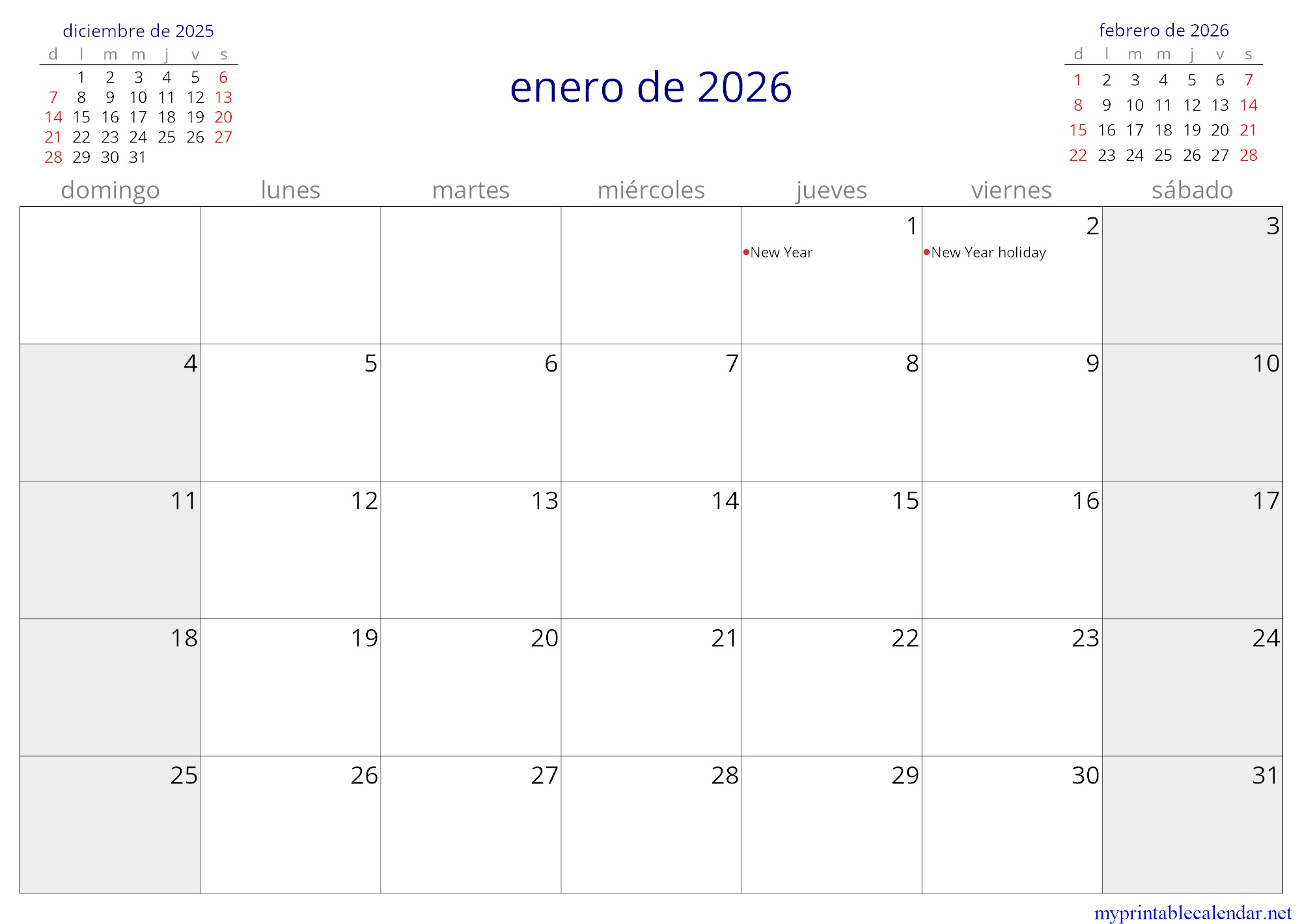 enero de 2026 monthly calendar, Seychelles, Spanish jpg