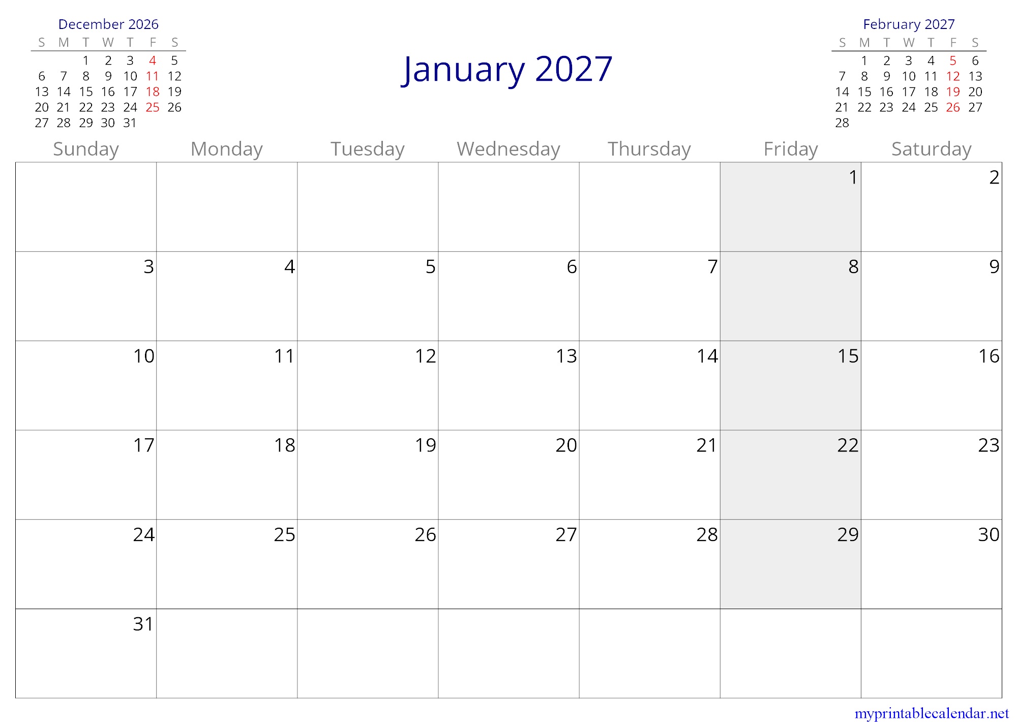 January 2027 monthly calendar, Afghanistan, English jpg