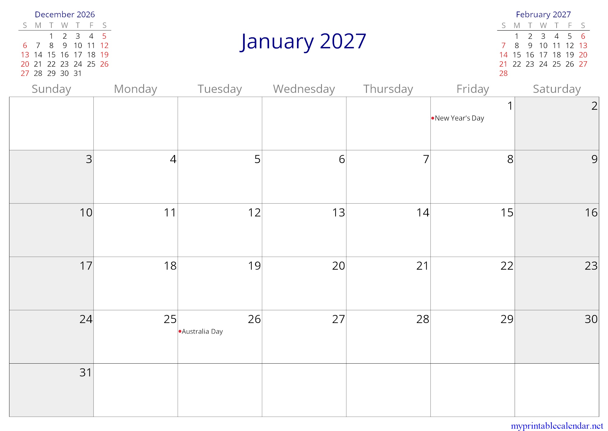 January 2027 monthly calendar, Australia, English jpg