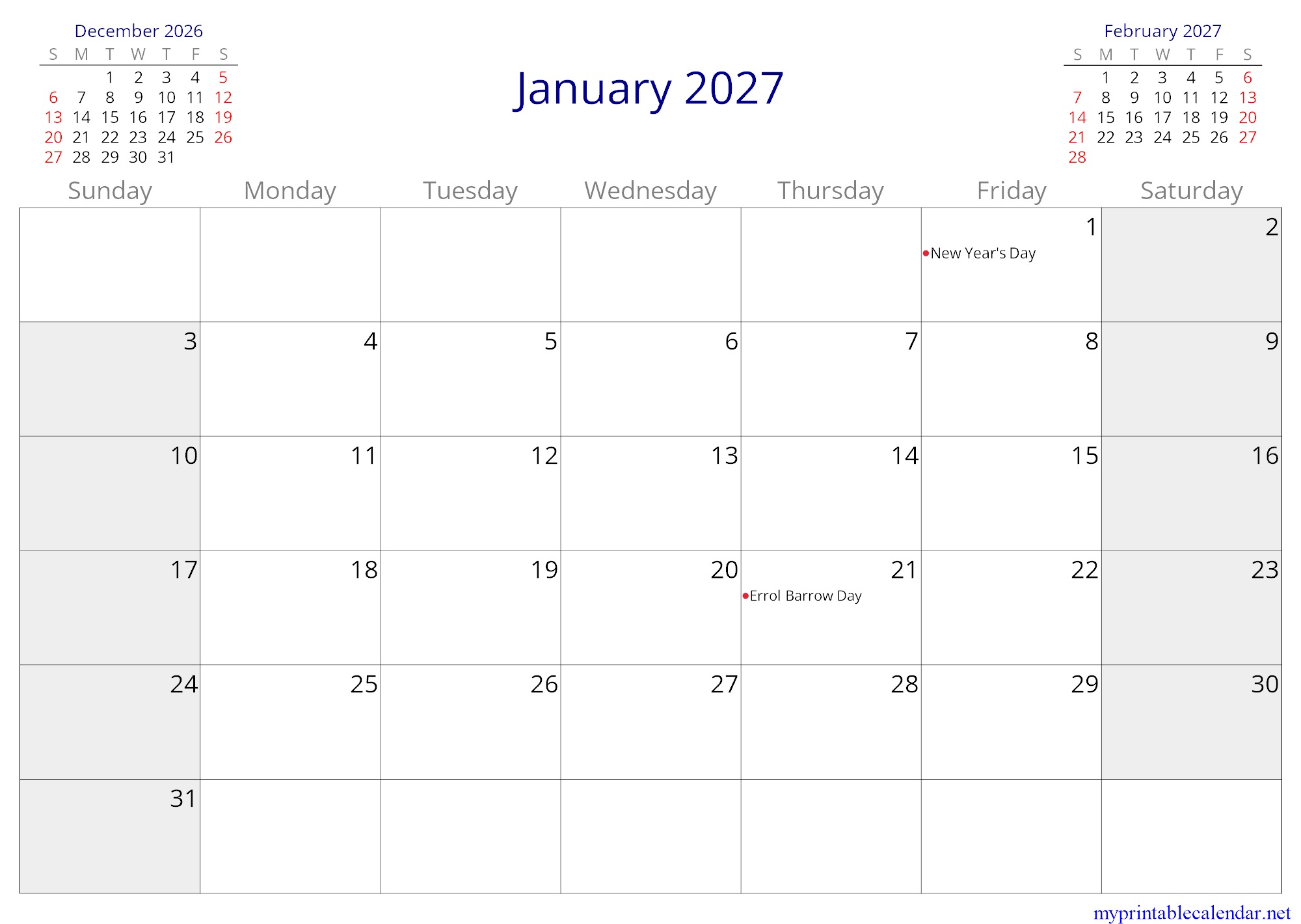 January 2027 monthly calendar, Barbados, English jpg