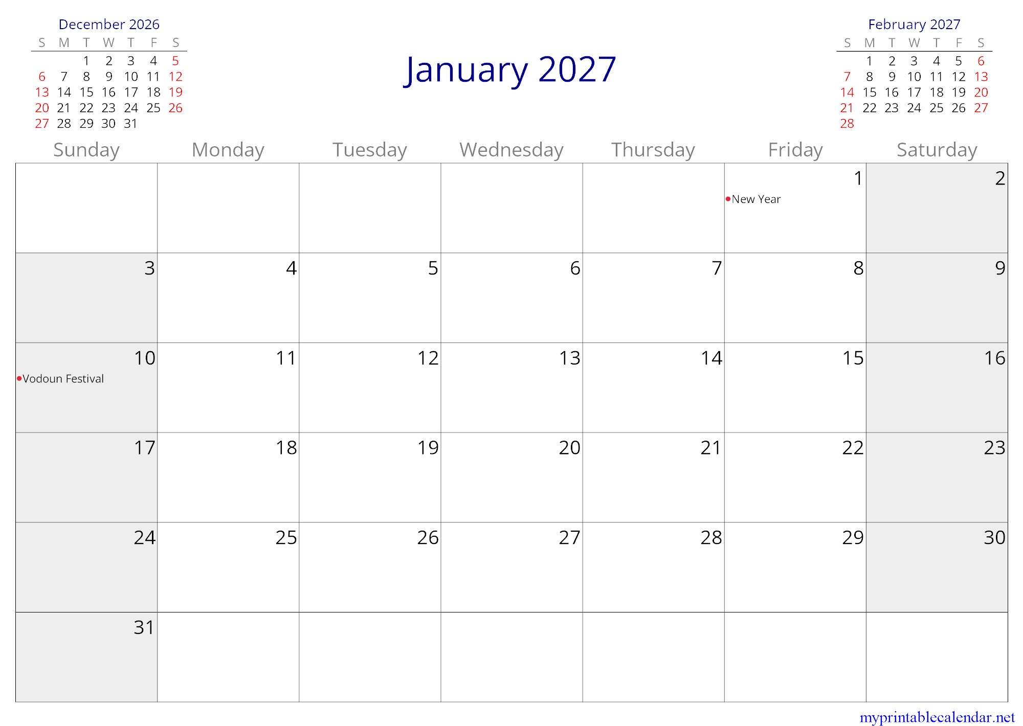 January 2027 monthly calendar, Benin, in English jpg