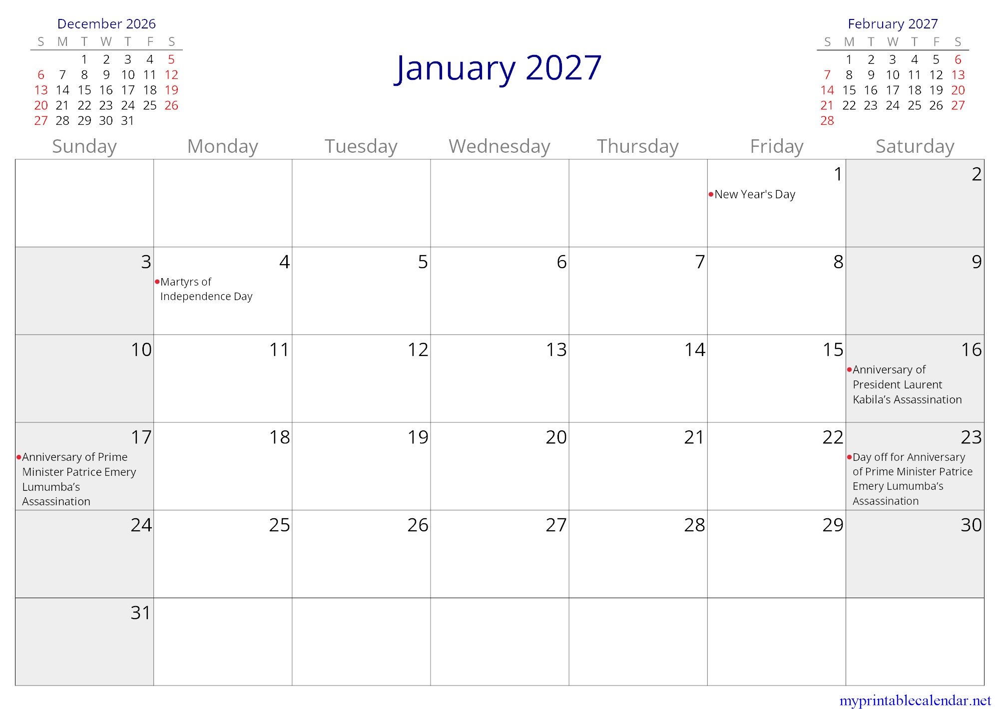 January 2027 monthly calendar, Democratic Republic of the Congo, in English jpg