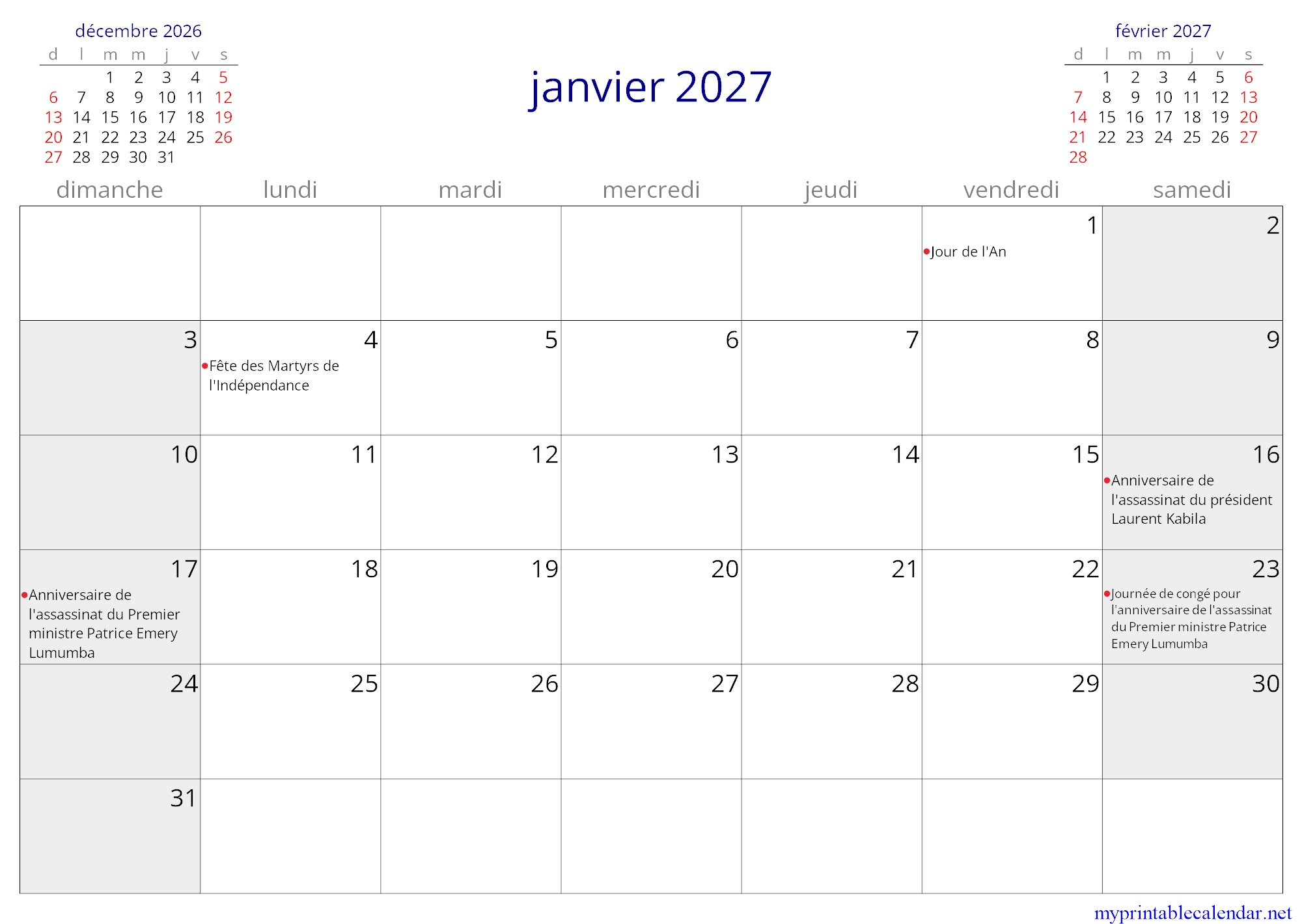 janvier 2027 monthly calendar, Democratic Republic of the Congo, French jpg