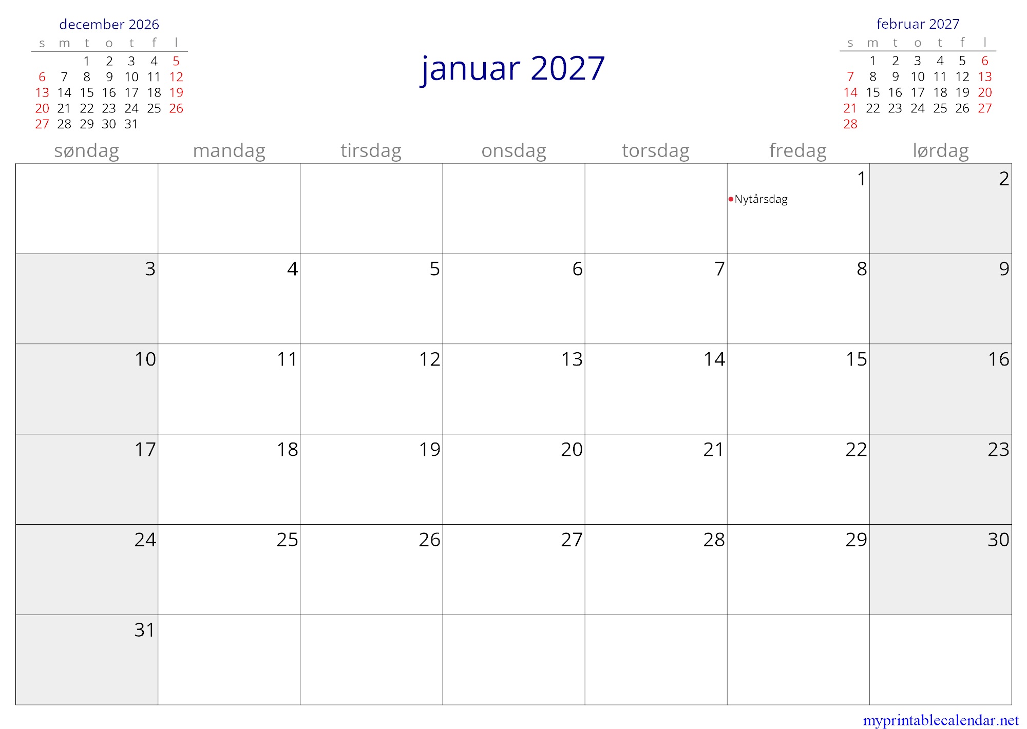 januar 2027 monthly calendar, Denmark, Danish jpg