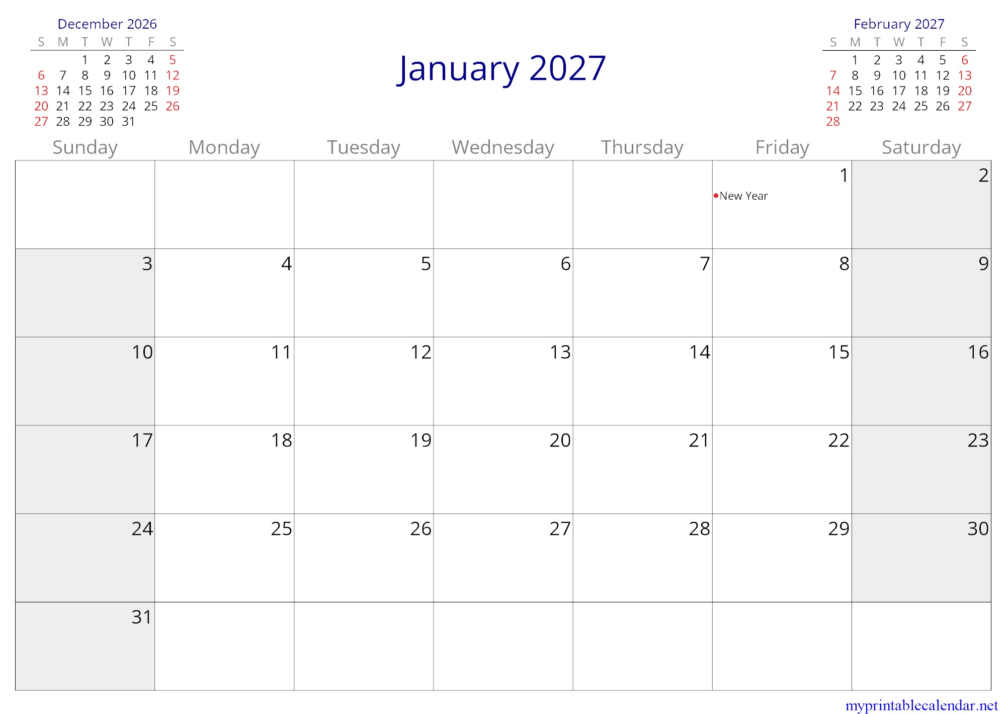 January 2027 monthly calendar, Faroe Islands, English jpg
