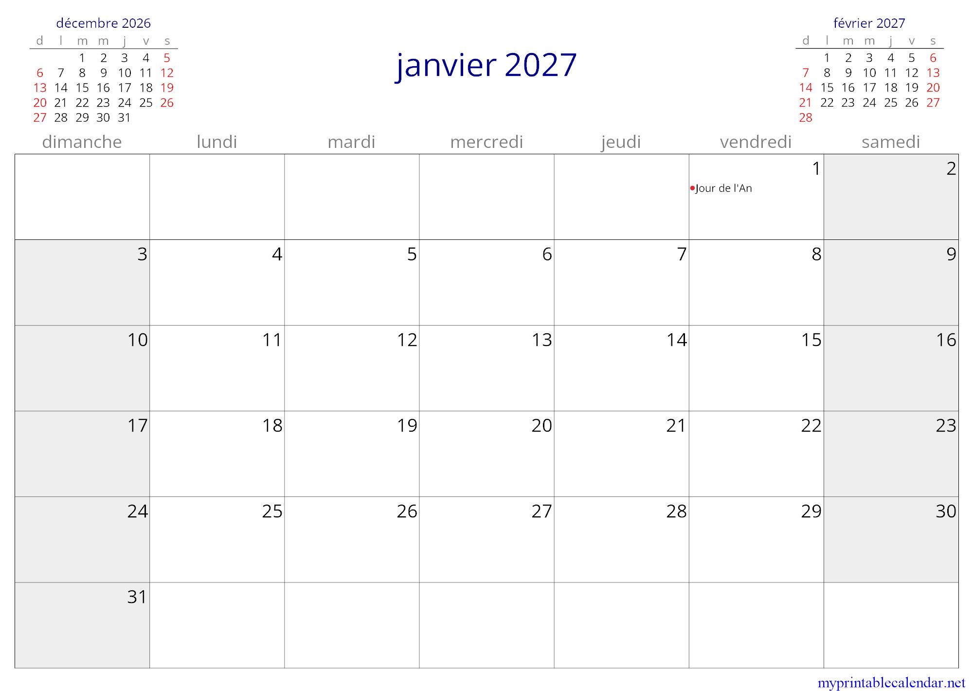 janvier 2027 monthly calendar, France, French jpg