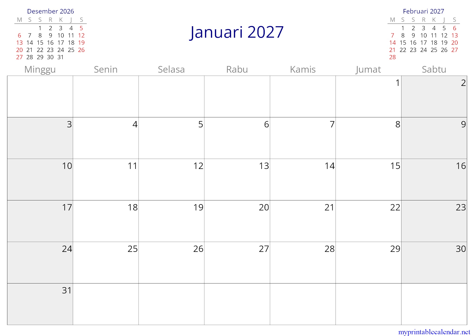 Januari 2027 monthly calendar, Indonesia, Indonesian jpg