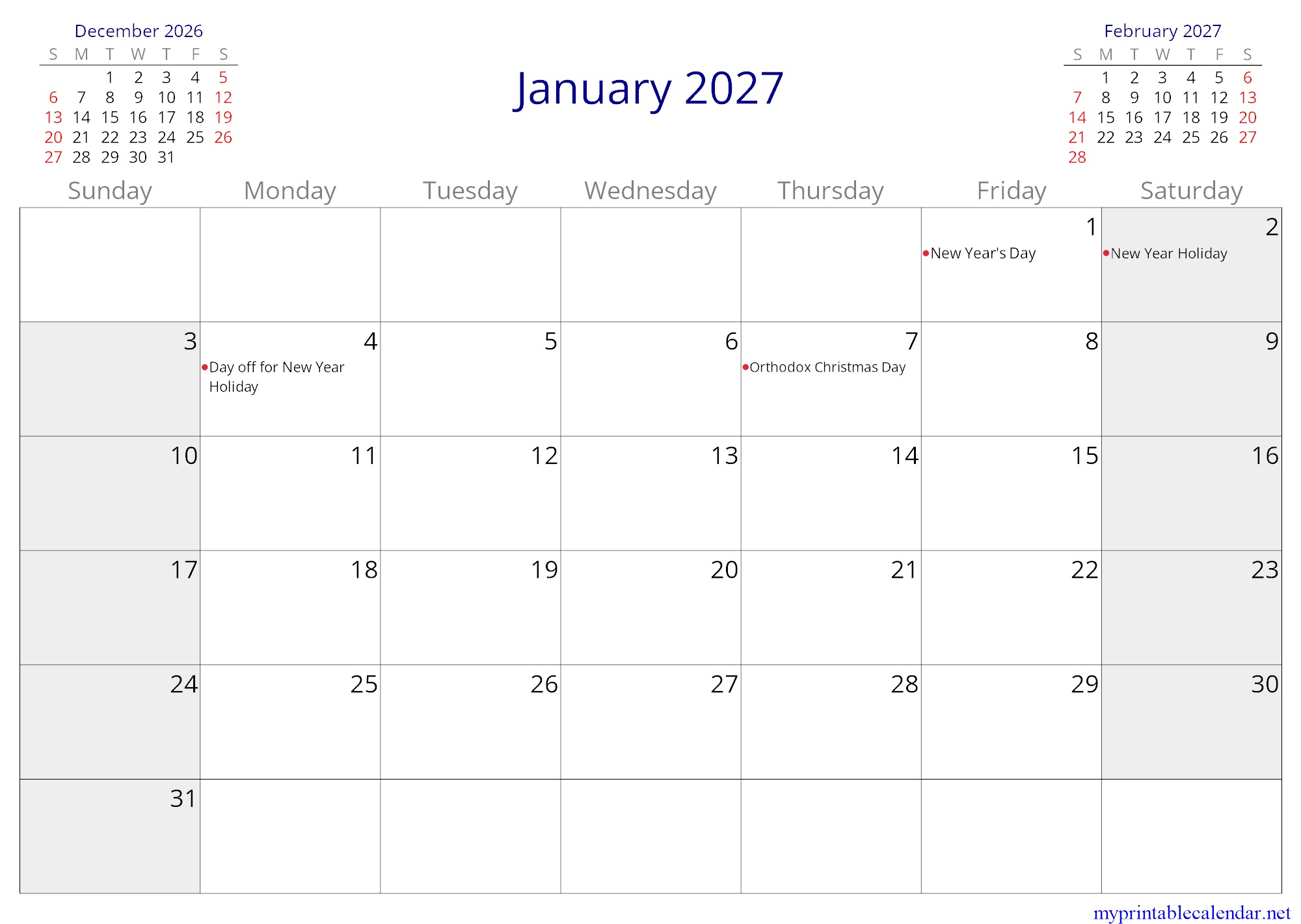 January 2027 monthly calendar, Kazakhstan, English jpg