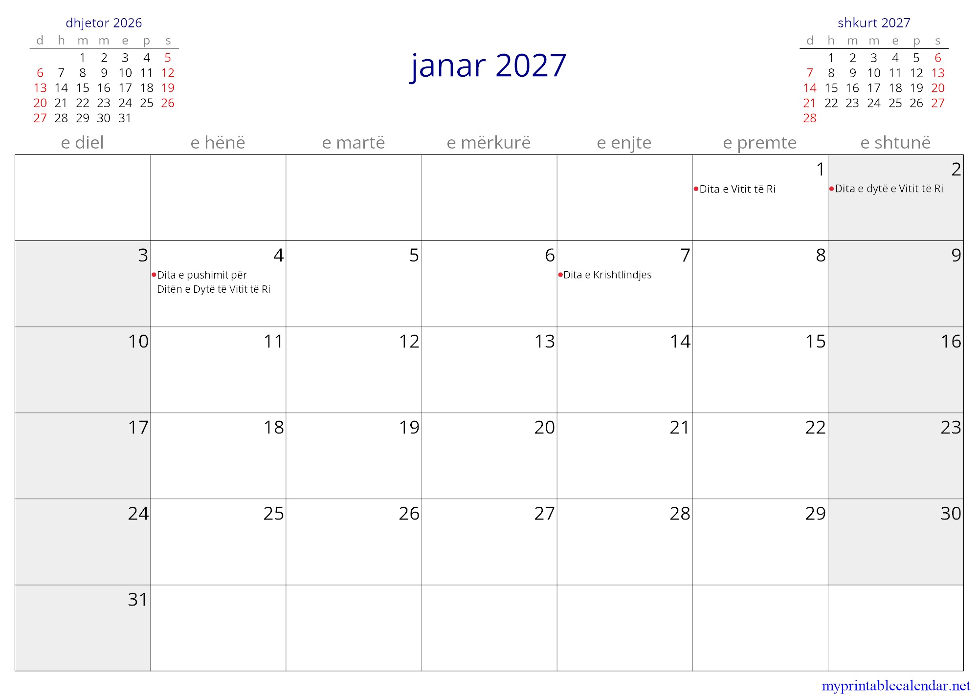 janar 2027 monthly calendar, Kosovo, Albanian jpg