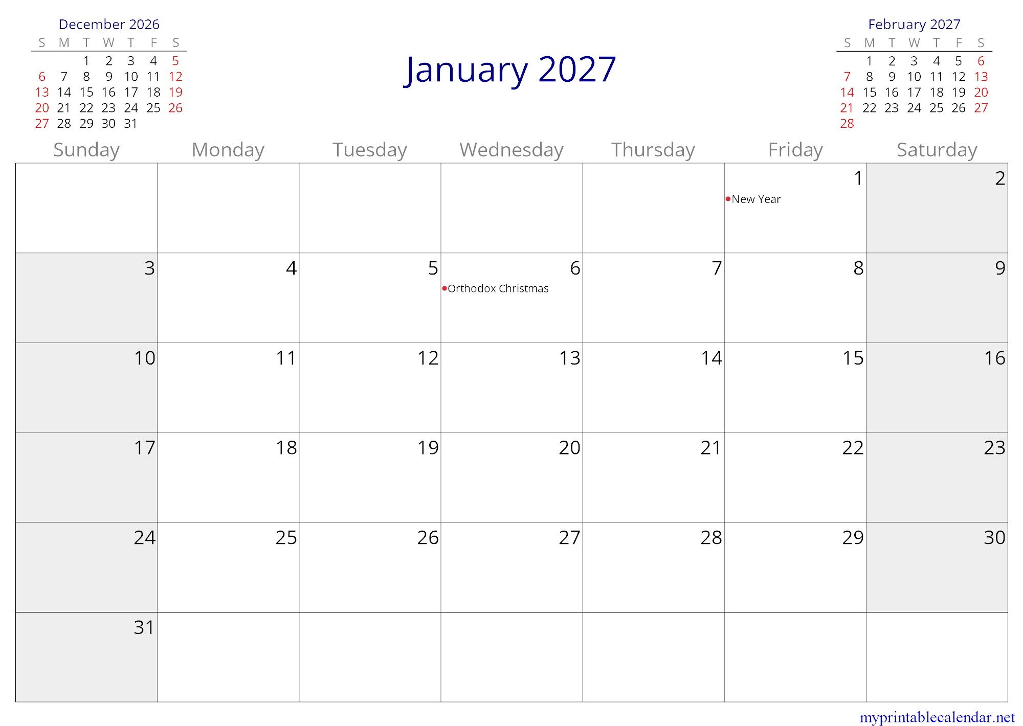 January 2027 monthly calendar, Lebanon, in English jpg
