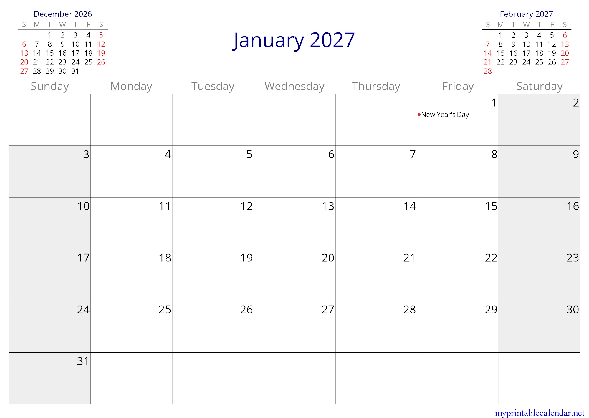 January 2027 monthly calendar, Philippines, English (US, CA) jpg