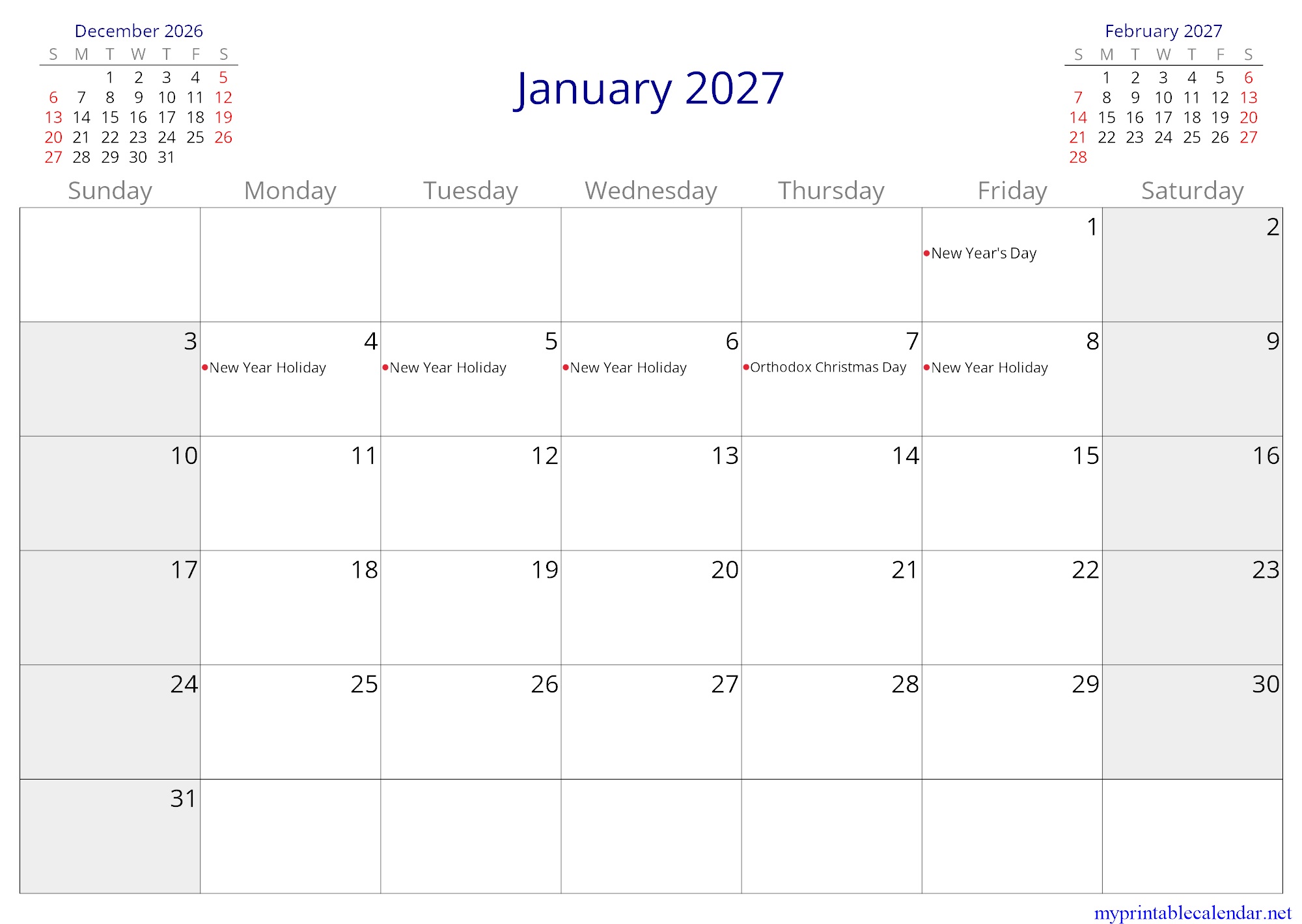 January 2027 monthly calendar, Russian Federation, English jpg