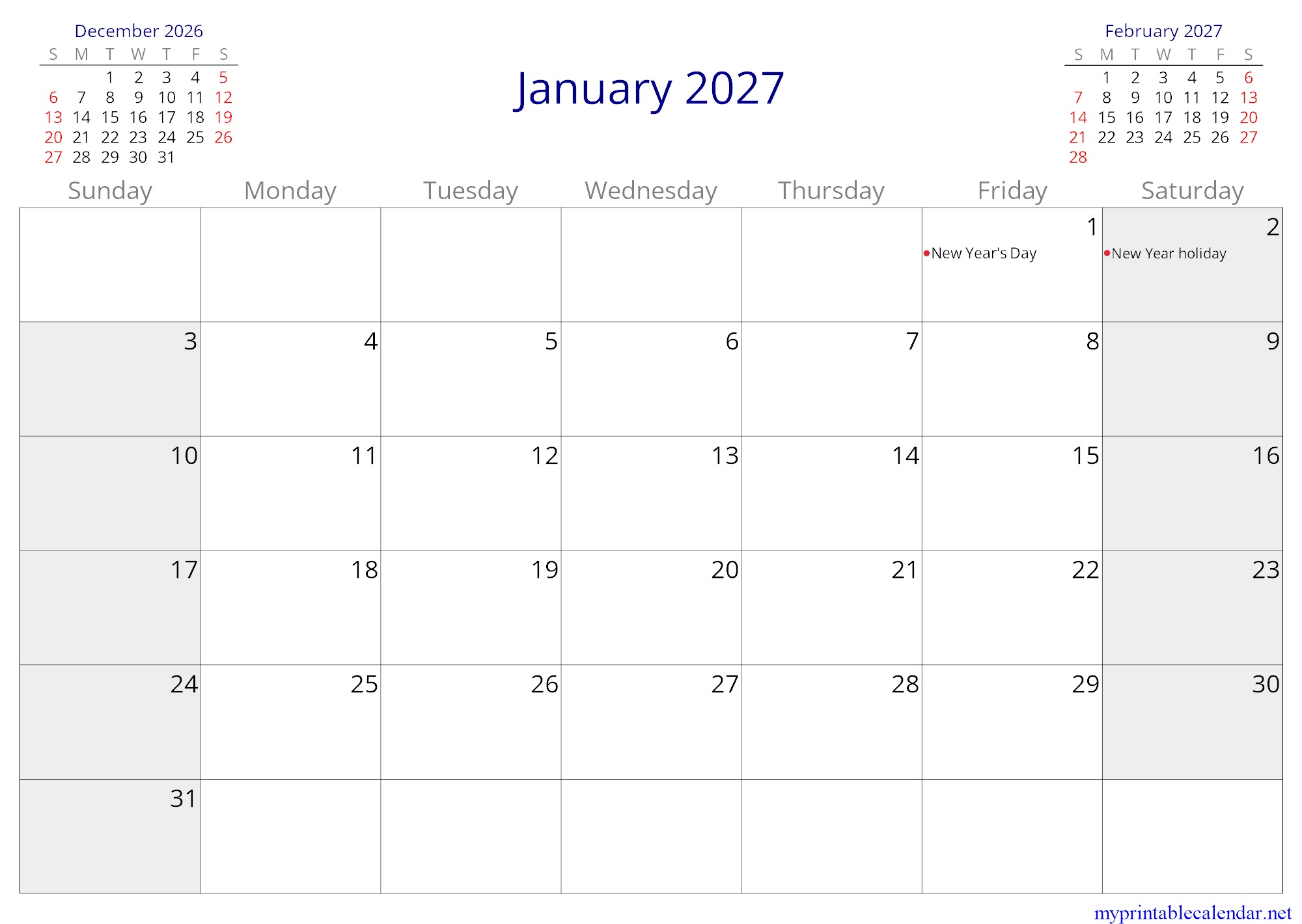 January 2027 monthly calendar, Slovenia, in English jpg