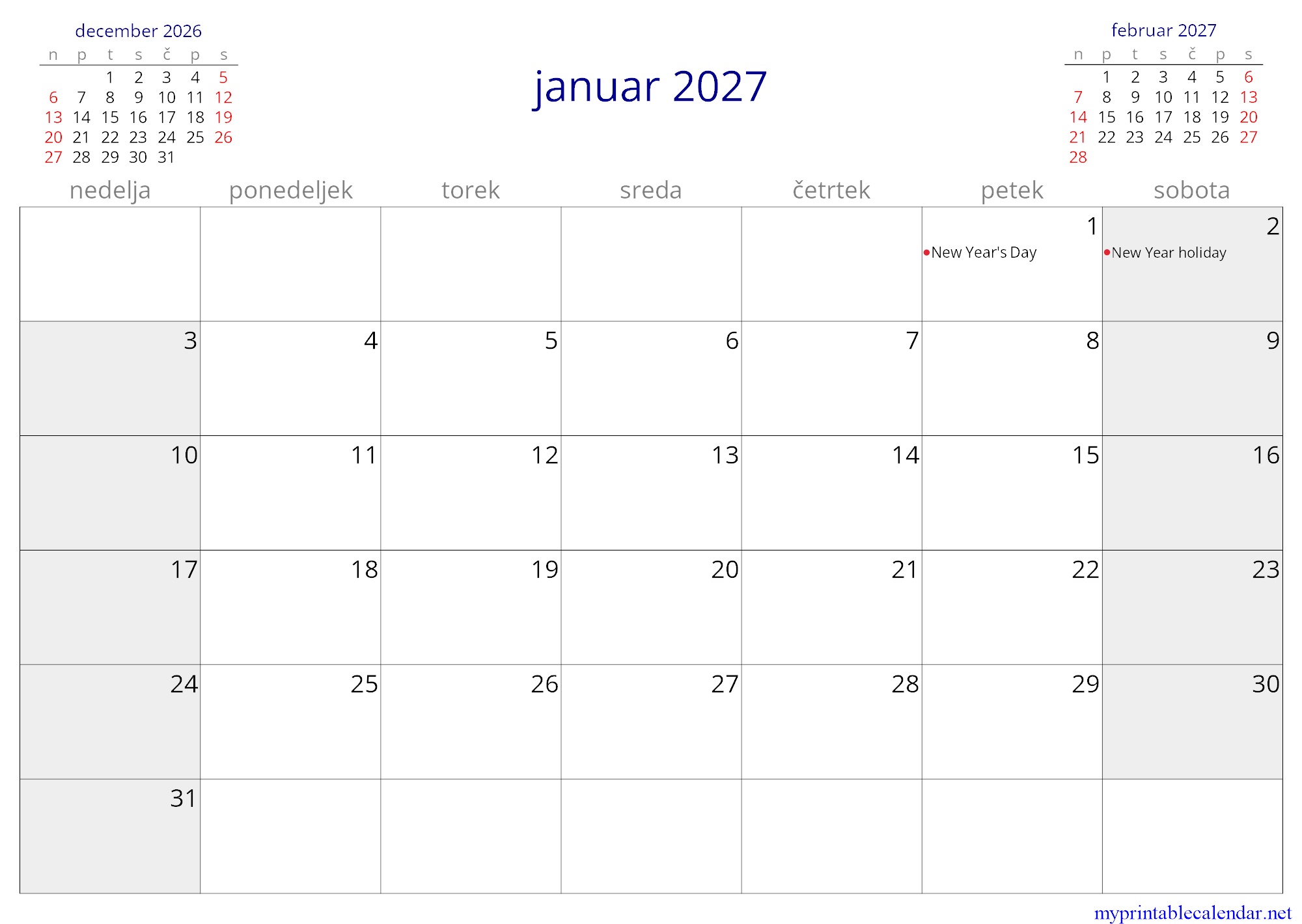 januar 2027 monthly calendar, Slovenia, Slovenian jpg