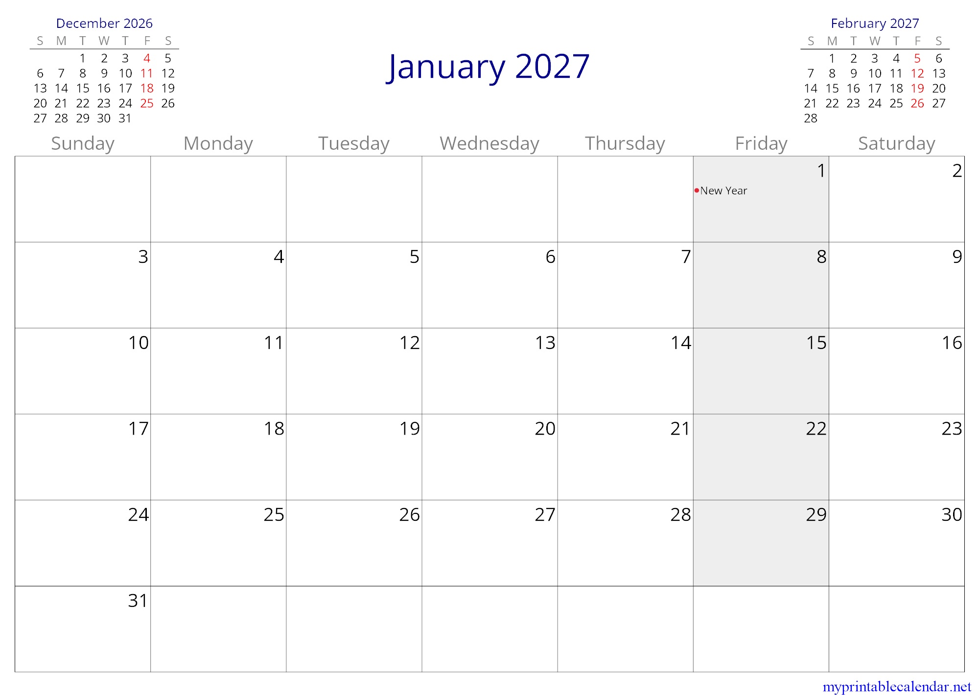 January 2027 monthly calendar, Somalia, in English jpg