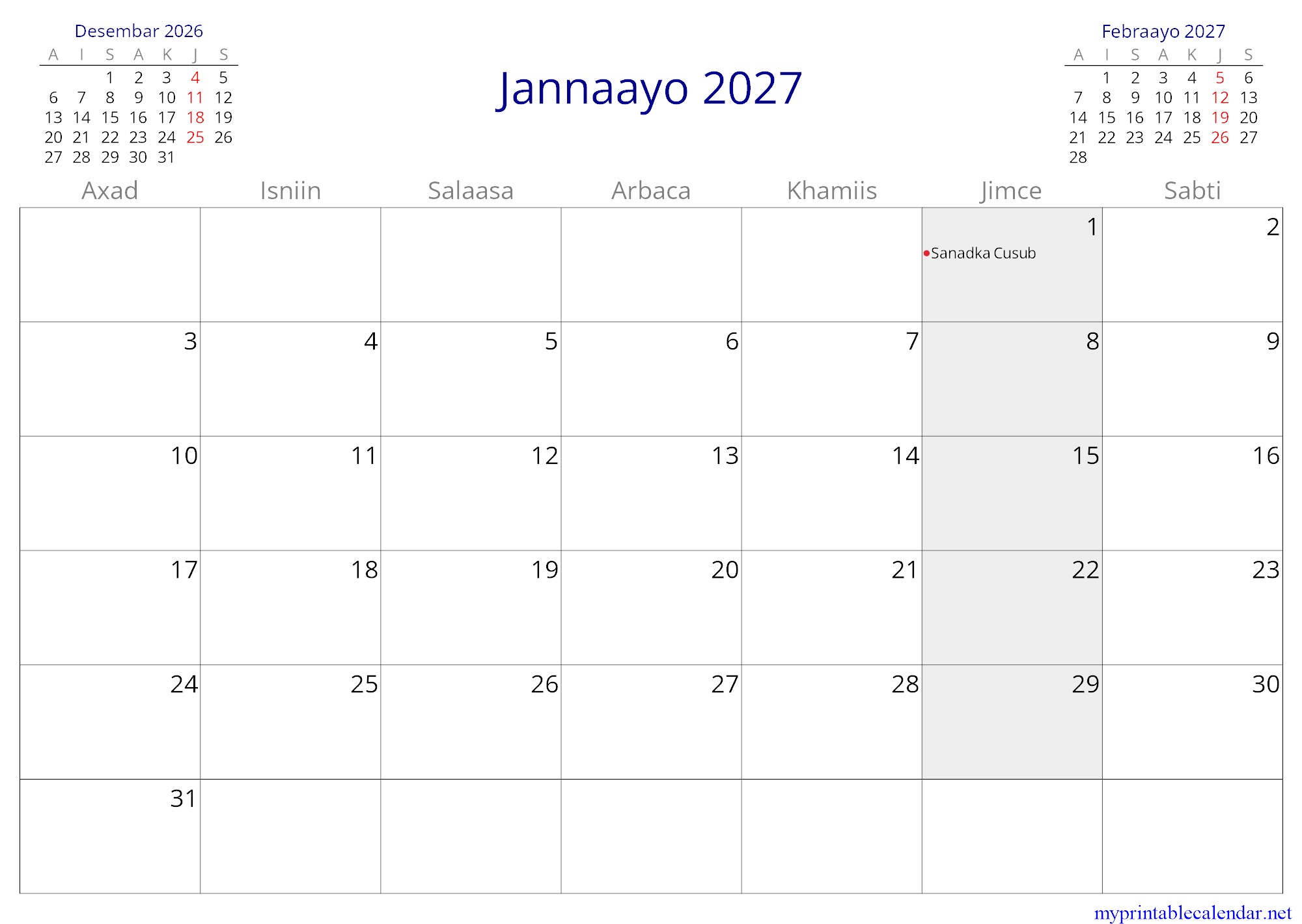 Jannaayo 2027 monthly calendar, Somalia, Somali jpg
