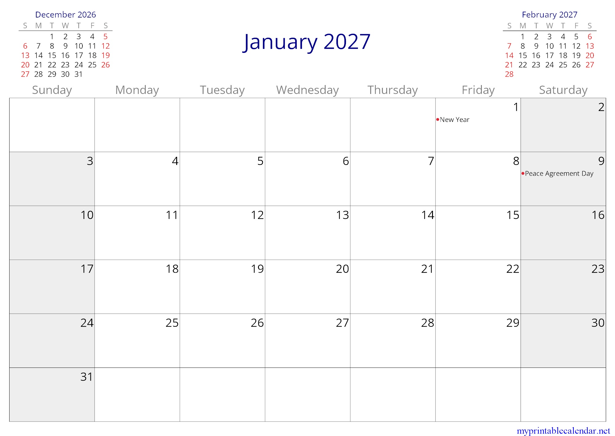 January 2027 monthly calendar, South Sudan, English jpg
