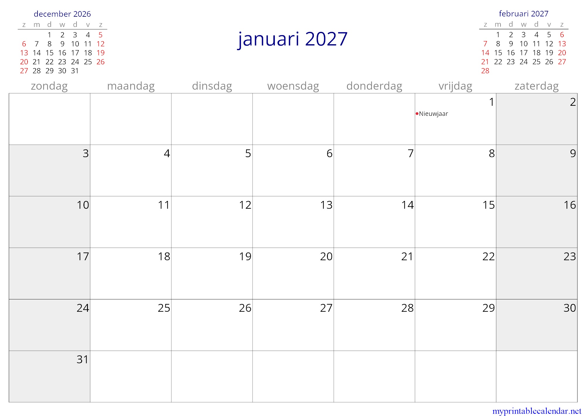 januari 2027 monthly calendar, Suriname, Dutch jpg