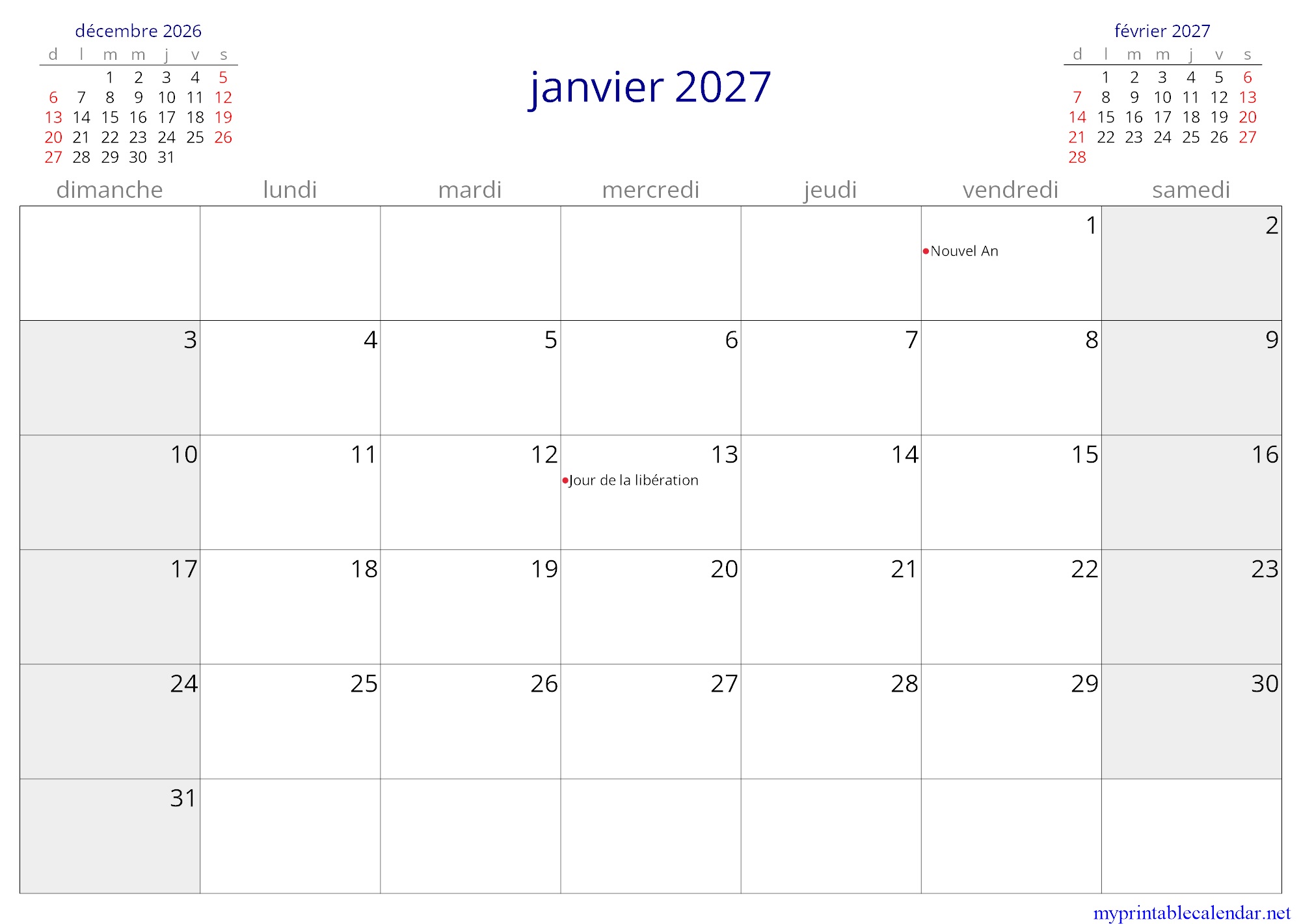 janvier 2027 monthly calendar, Togo, French jpg