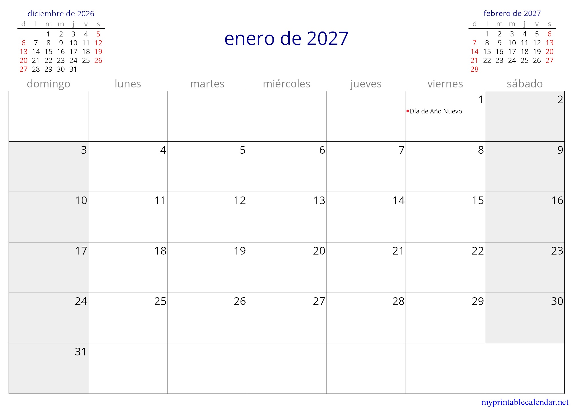 enero de 2027 monthly calendar, Venezuela, Spanish jpg