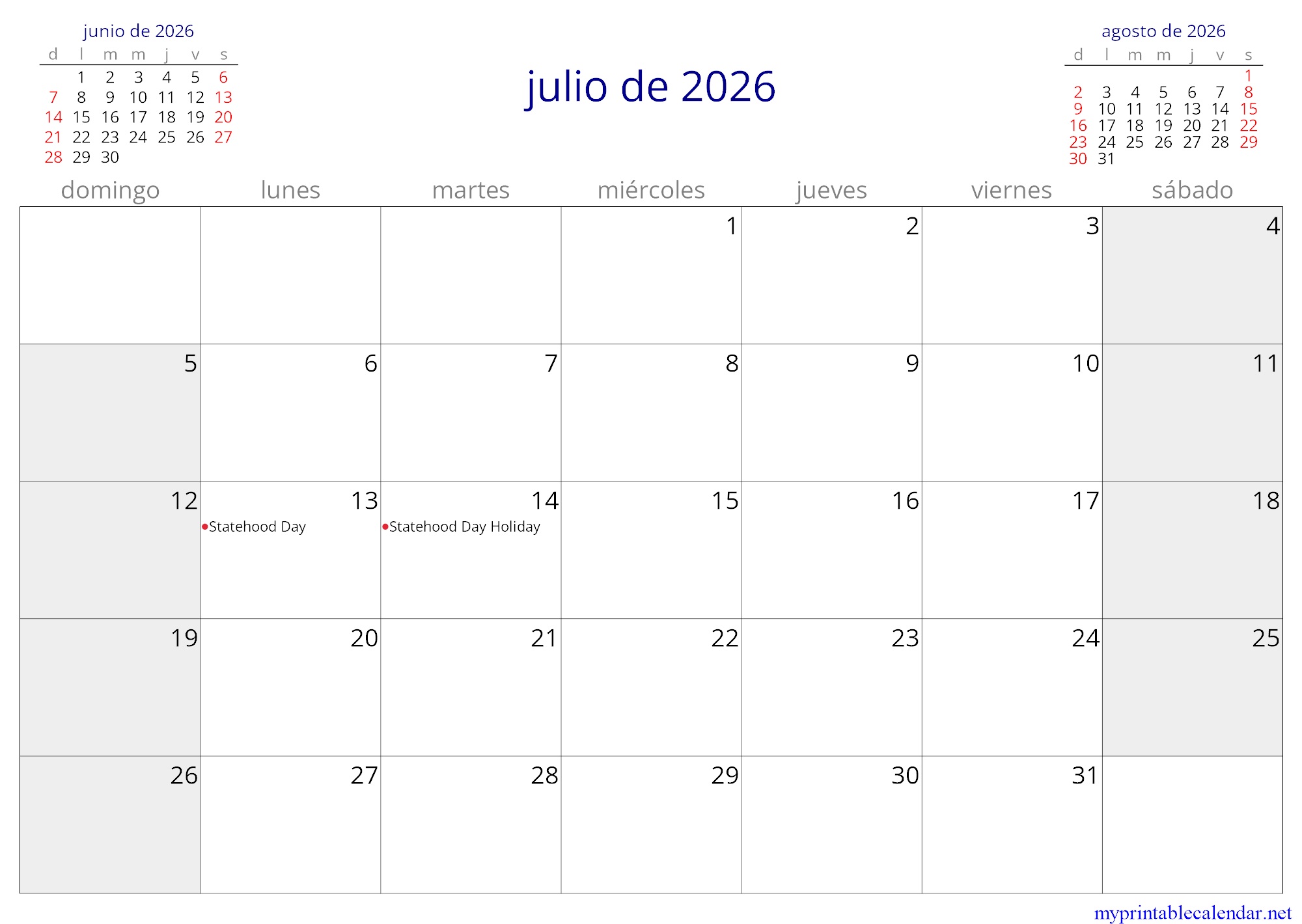 julio de 2026 monthly calendar, Montenegro, Spanish jpg