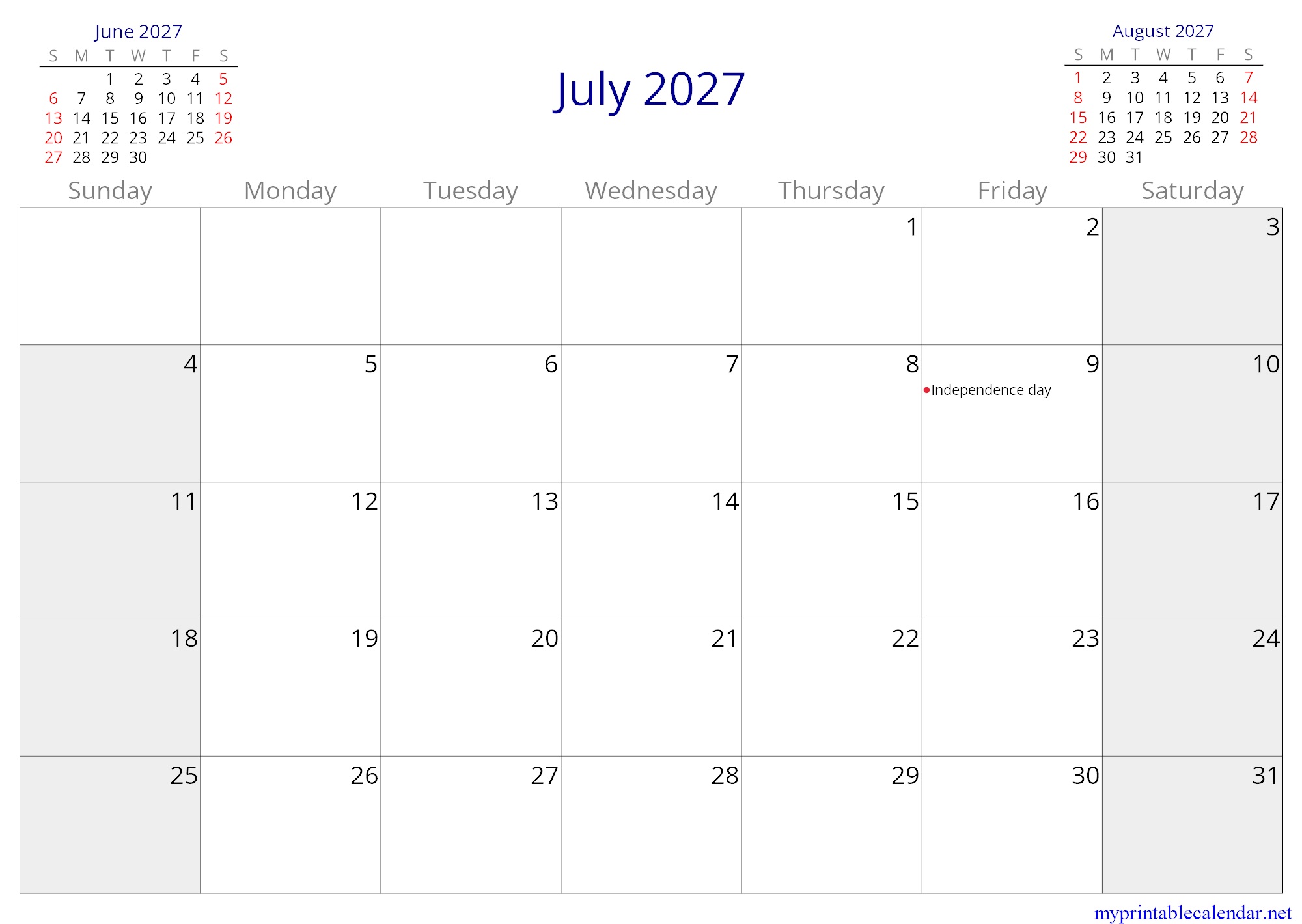 July 2027 monthly calendar, Argentina, in English jpg