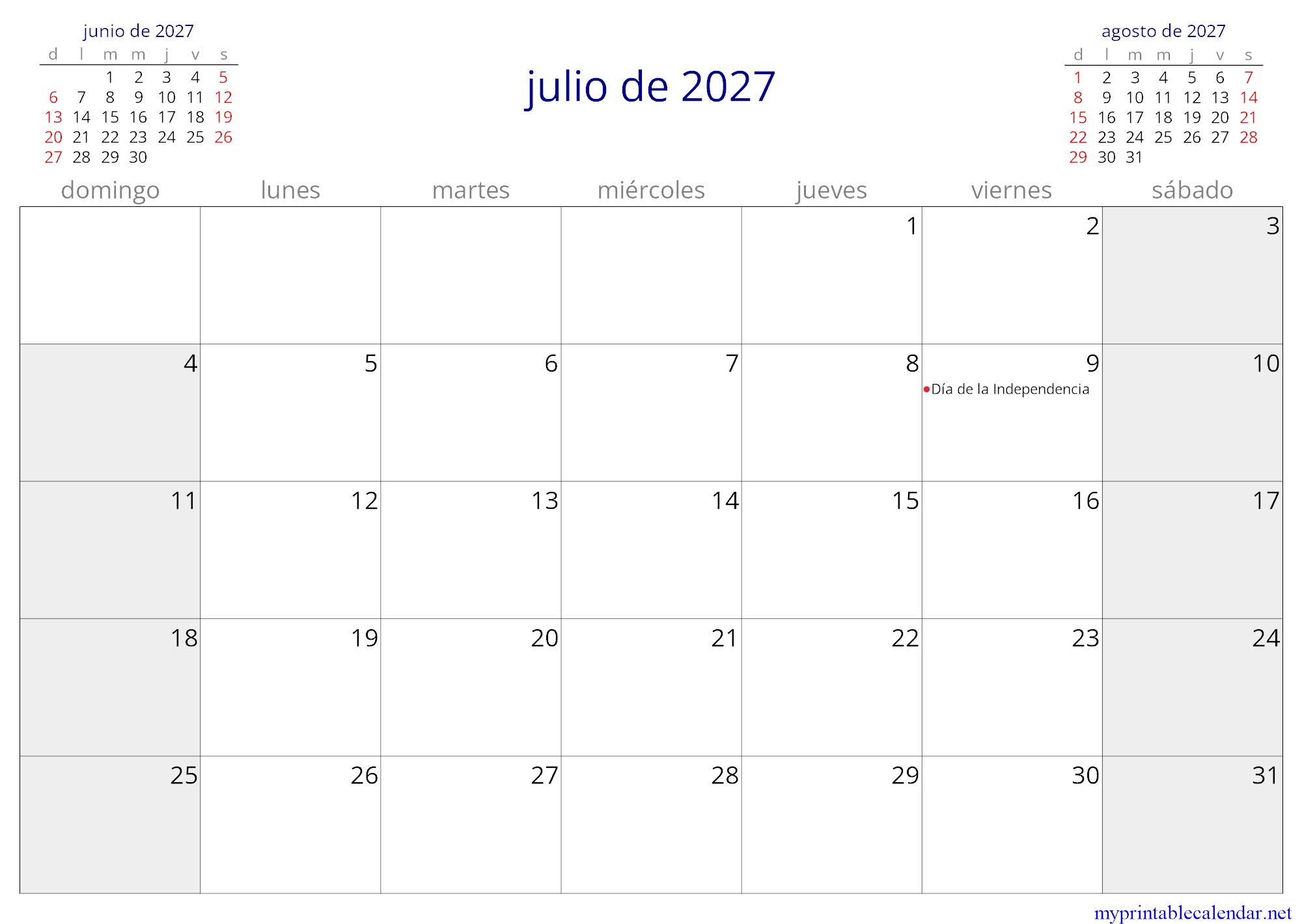 julio de 2027 monthly calendar, Argentina, Spanish jpg