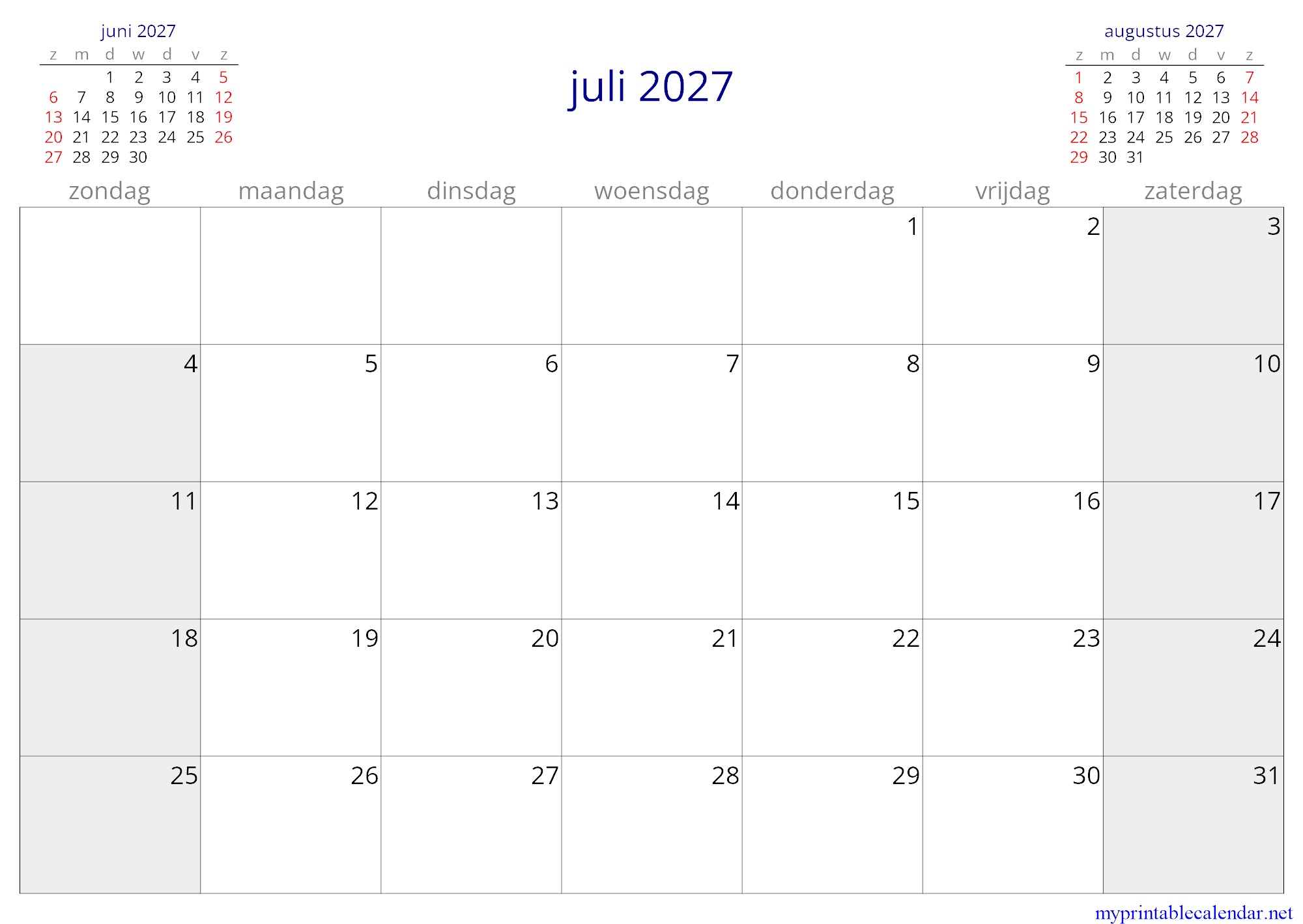 juli 2027 monthly calendar, Aruba, Dutch jpg