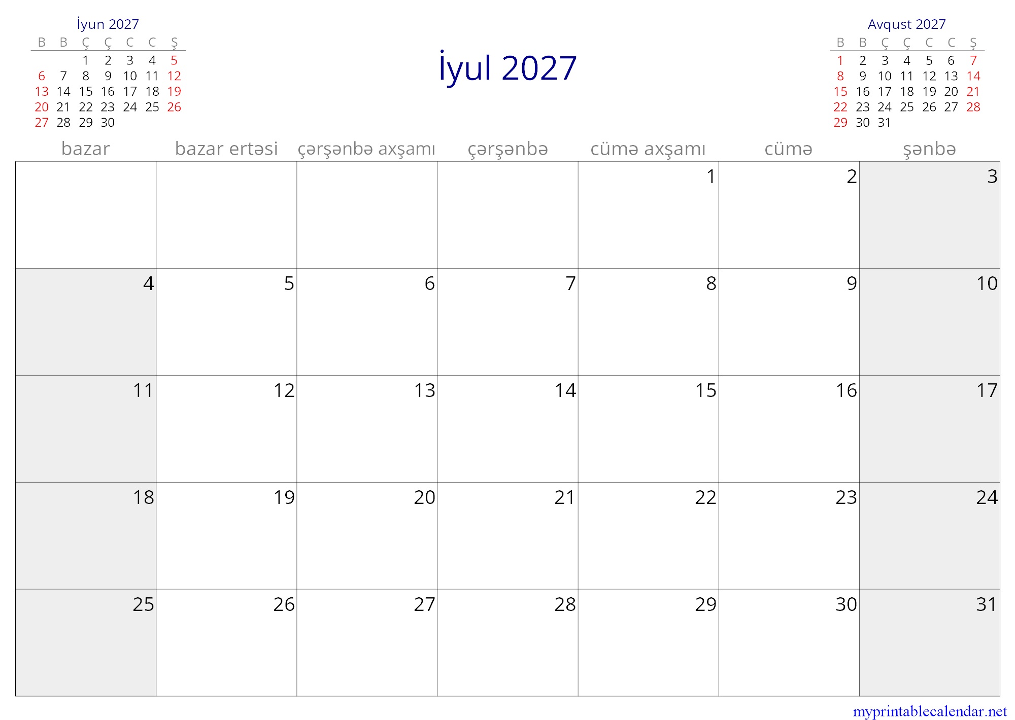 İyul 2027 monthly calendar, Azerbaijan, Azeri (Latin, Azerbaijan) jpg