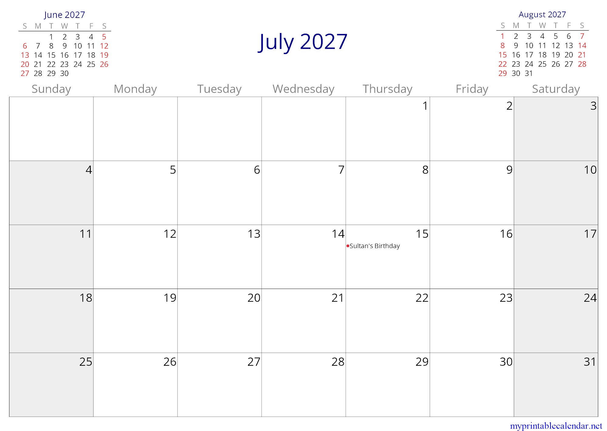 July 2027 monthly calendar, Brunei Darussalam, English jpg
